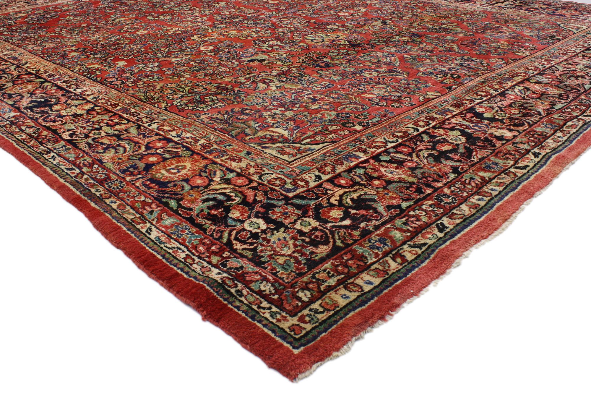 76865, antique Persian Sarouk rug with Art Nouveau style. This highly desirable antique Persian Sarouk rug with Art Nouveau style features an impressive all-over floral design rendered in a rich color palette, illuminating its lively composition.