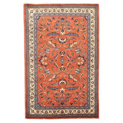 Antique Persian Sarouk Rug with Blue and Ivory Floral Details on Orange Field