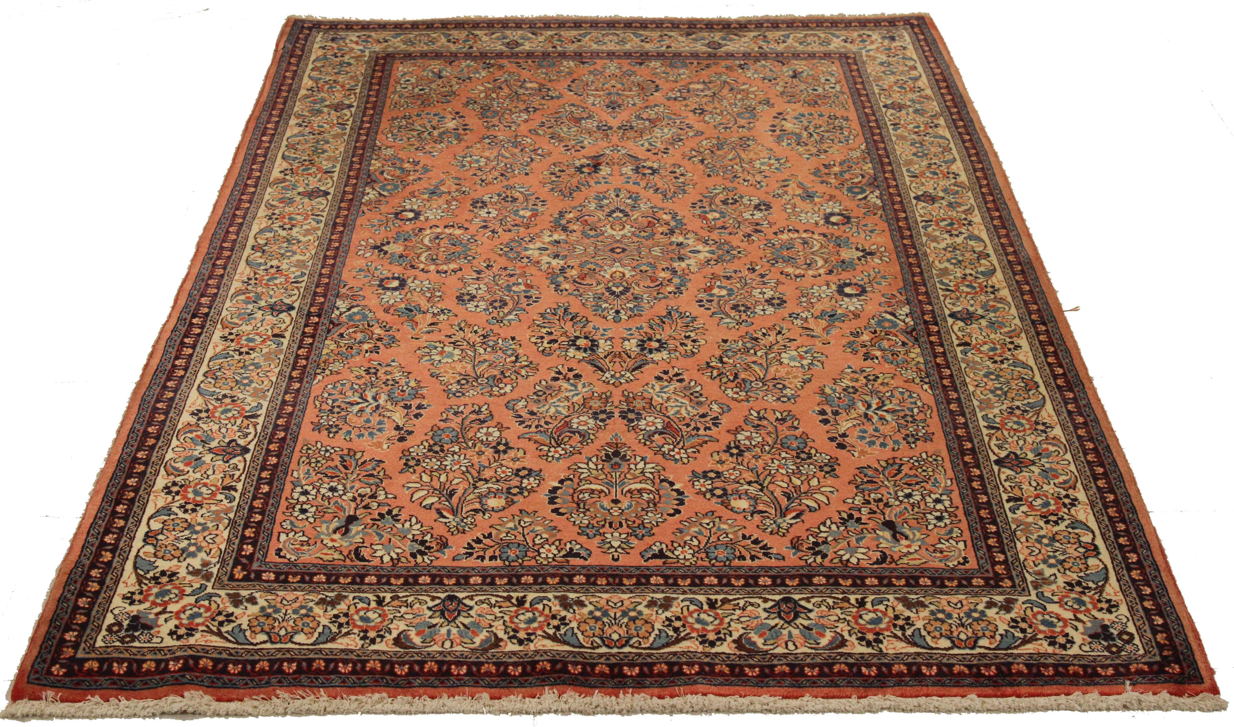 Oushak Antique Persian Sarouk Rug with Blue and Ivory Flower Heads on Red Center Field