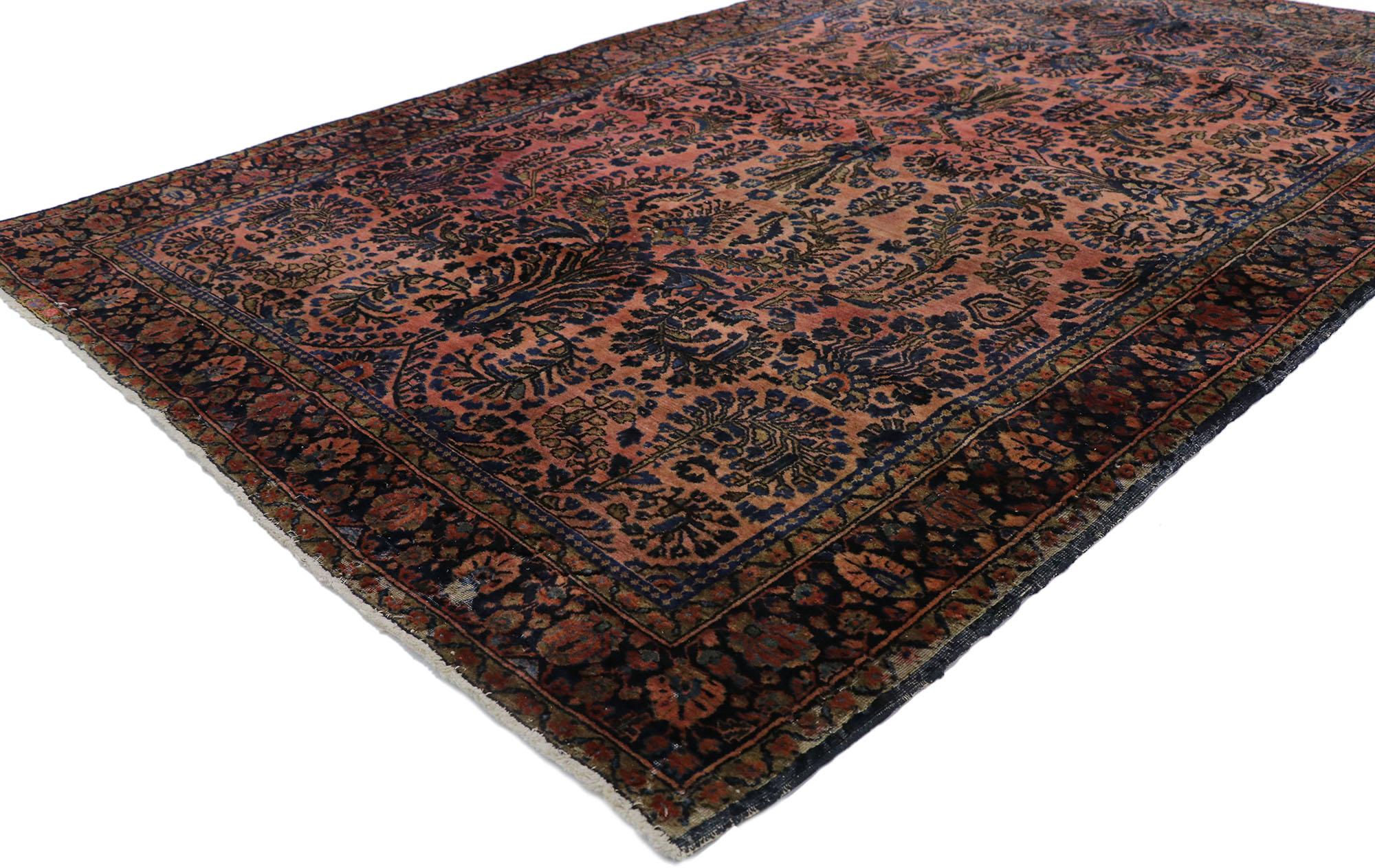 78029 Antique Persian Sarouk rug with Jacobean Style 04'02 x 06'06. With timeless floral design and a traditional color palette, this hand knotted wool antique Persian Sarouk rug is a captivating vision of woven beauty. The abrashed brick red field
