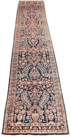 Antique Persian Sarouk Runner with Navy, Orange Wool and a Floral Design