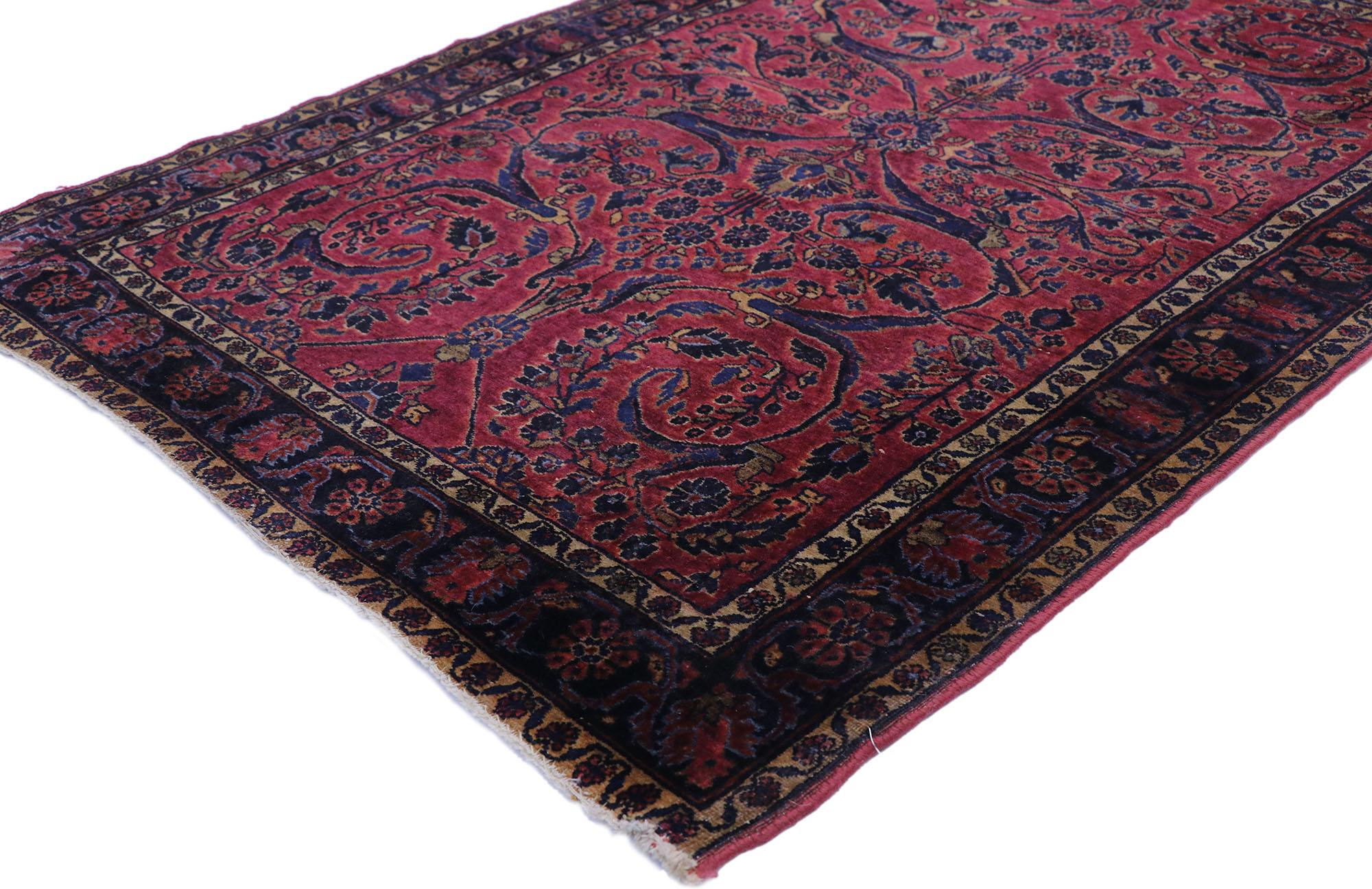 77634, antique Persian Sarouk rug with old world Victorian style 03'05 x 04'11. With its beguiling beauty and rich jewel-tones, this hand-knotted wool antique Persian Sarouk rug is poised to impress. The abrashed burgundy field features an all-over