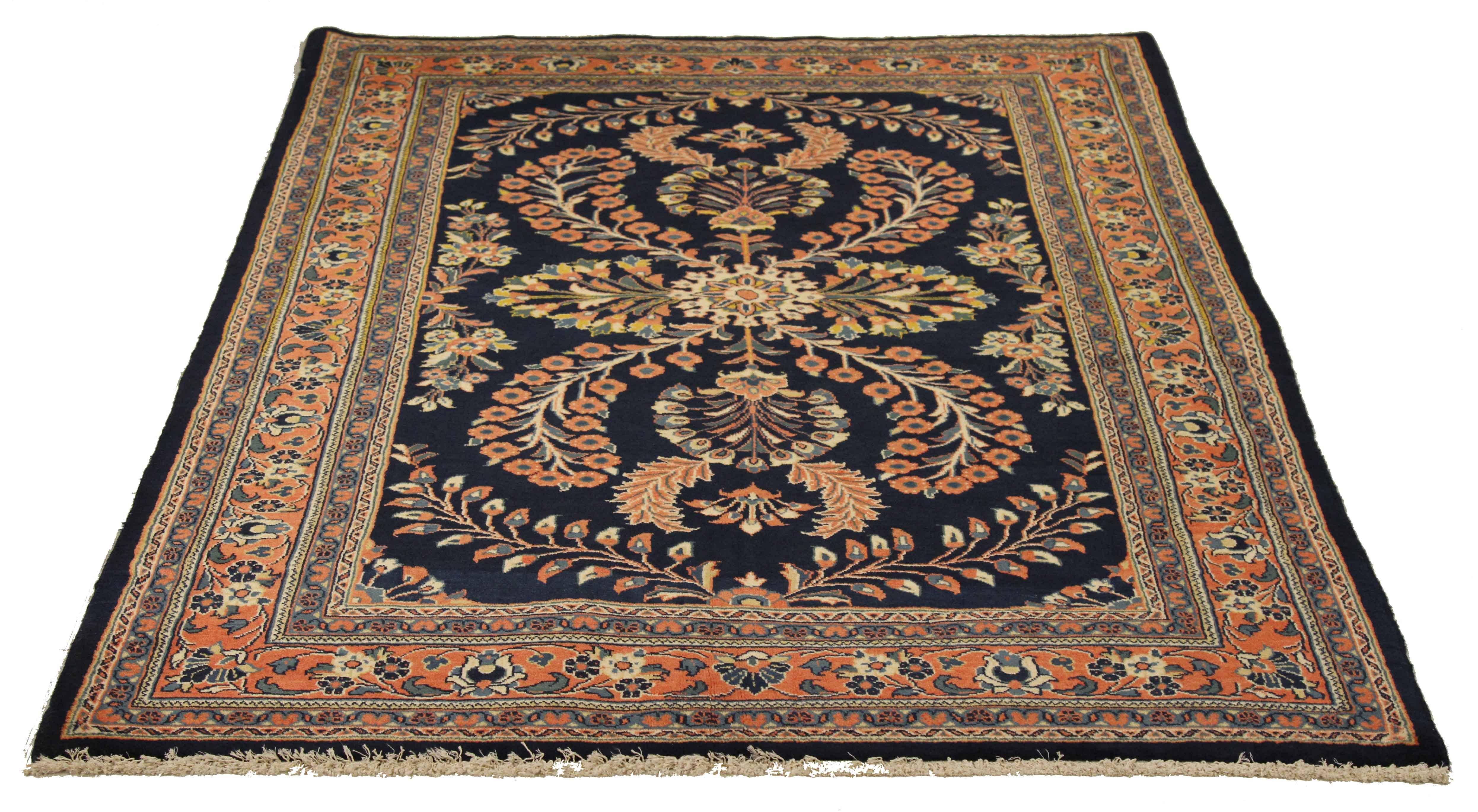 Oushak Persian Sarouk Rug with Red & Ivory ‘Flower Bouquet’ Details over Blue F For Sale