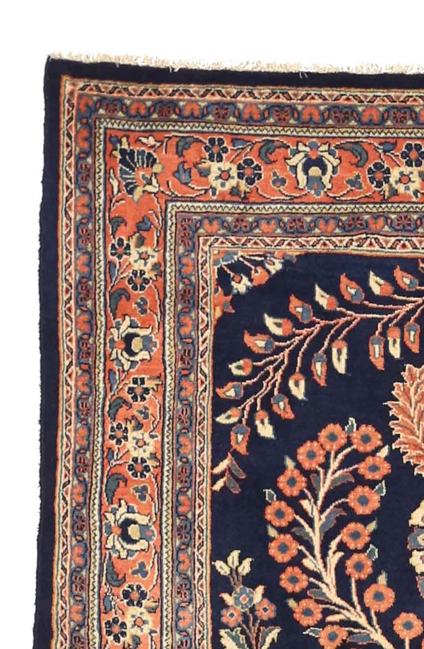 Hand-Woven Persian Sarouk Rug with Red & Ivory ‘Flower Bouquet’ Details over Blue F For Sale