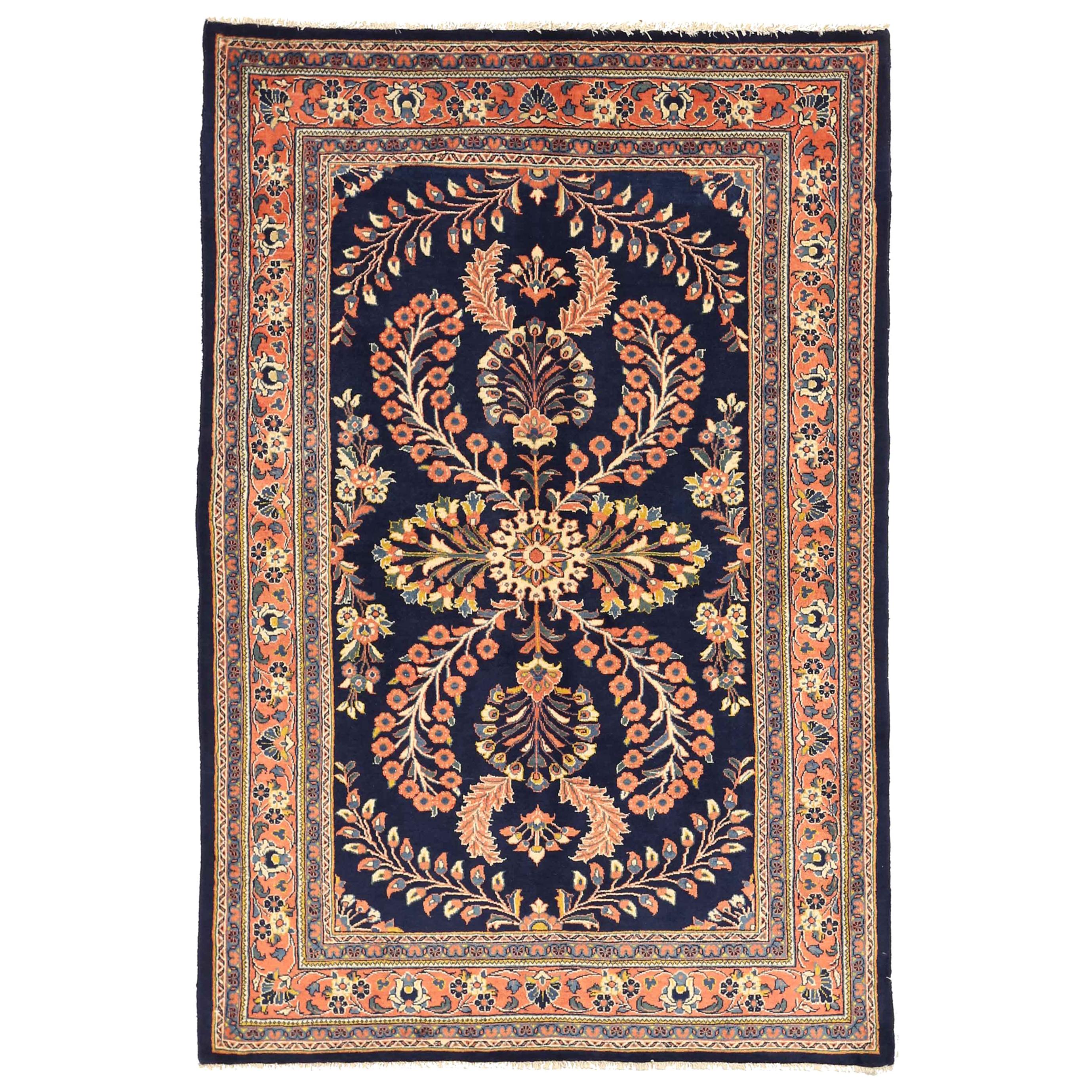 Persian Sarouk Rug with Red & Ivory ‘Flower Bouquet’ Details over Blue F