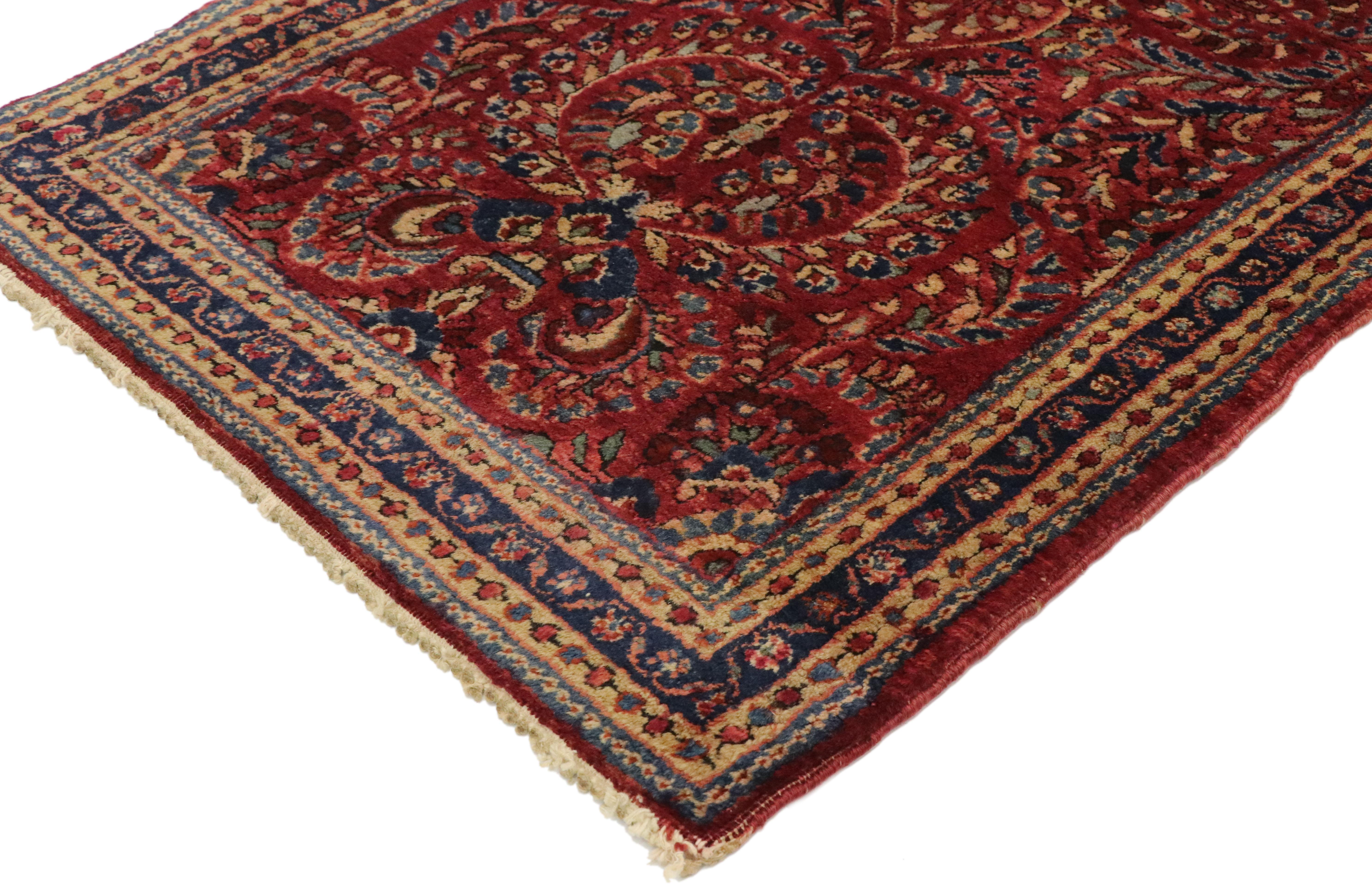 73435, Antique Persian Sarouk Rug with Traditional Art Nouveau Style. This highly desirable antique Persian Sarouk rug with Art Nouveau style features an impressive all-over floral design rendered in a rich color palette, illuminating its lively