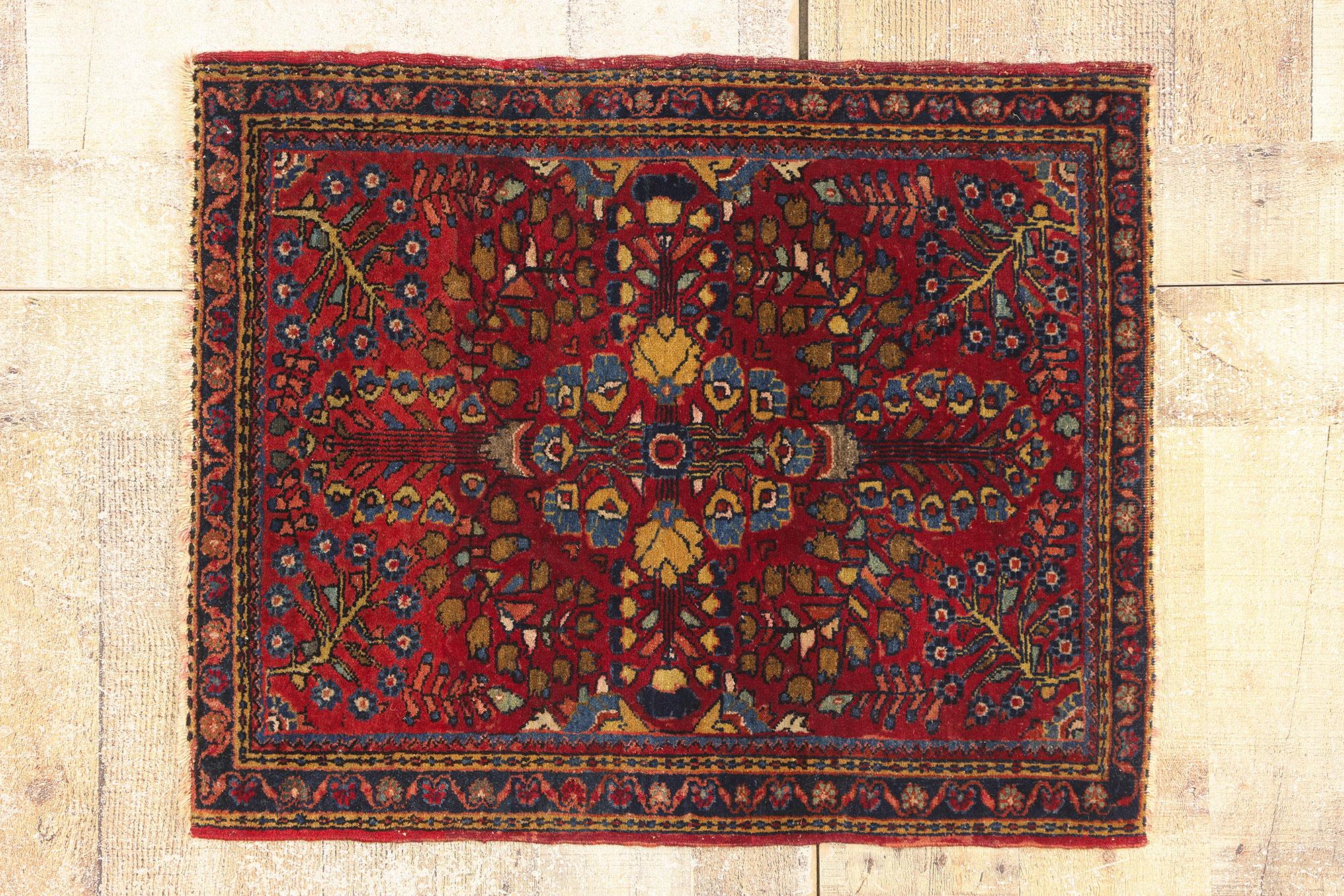 79241 Antique Persian Sarouk Rug, 01'11 x 02'04. Radiating with regal elegance and old-world charm, this hand knotted wool precious antique Persian Sarouk rug is a sublime expression of classical refinement and botanical grandeur. Woven in the early