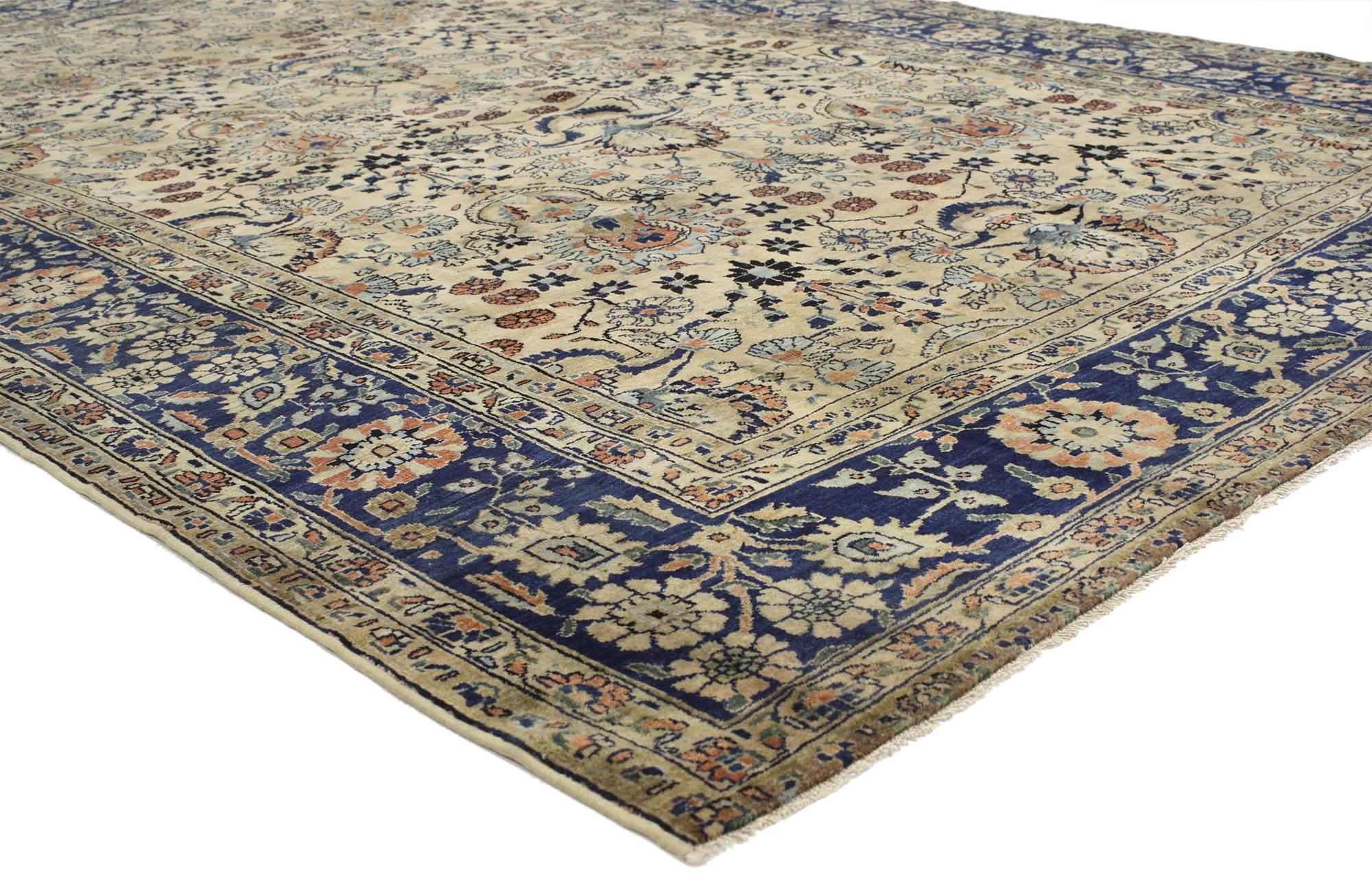 52259 Antique Persian Sarouk Rug with Italian Country Cottage Style 06'07 x 09'09. With brilliant blues and warm terracotta hues inspired by Italy, this hand knotted wool antique Persian Sarouk rug beautifully embodies an Italian Country Cottage