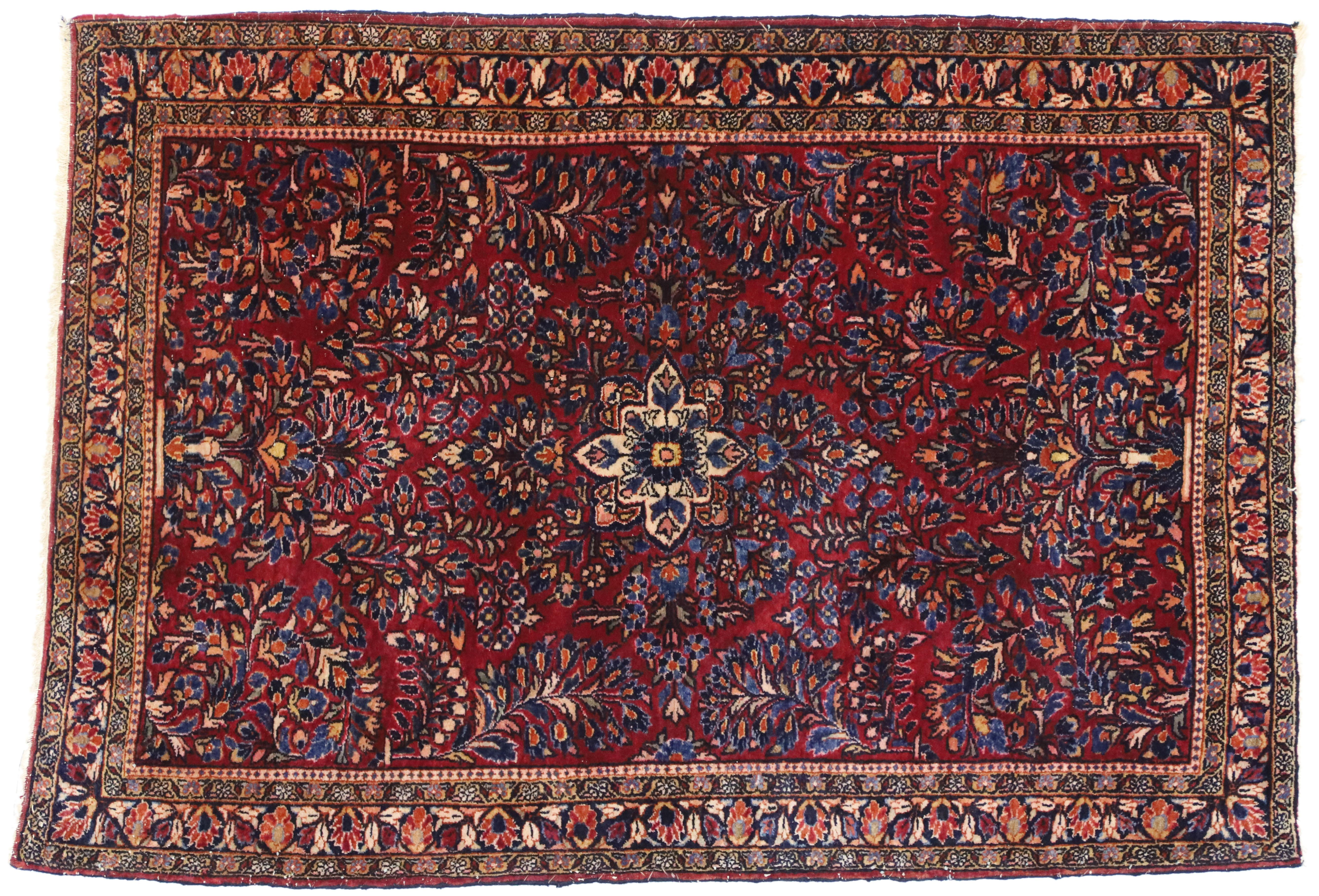 Antique Persian Sarouk Rug with Vase Design and Victorian Style, Scatter Rug For Sale 3