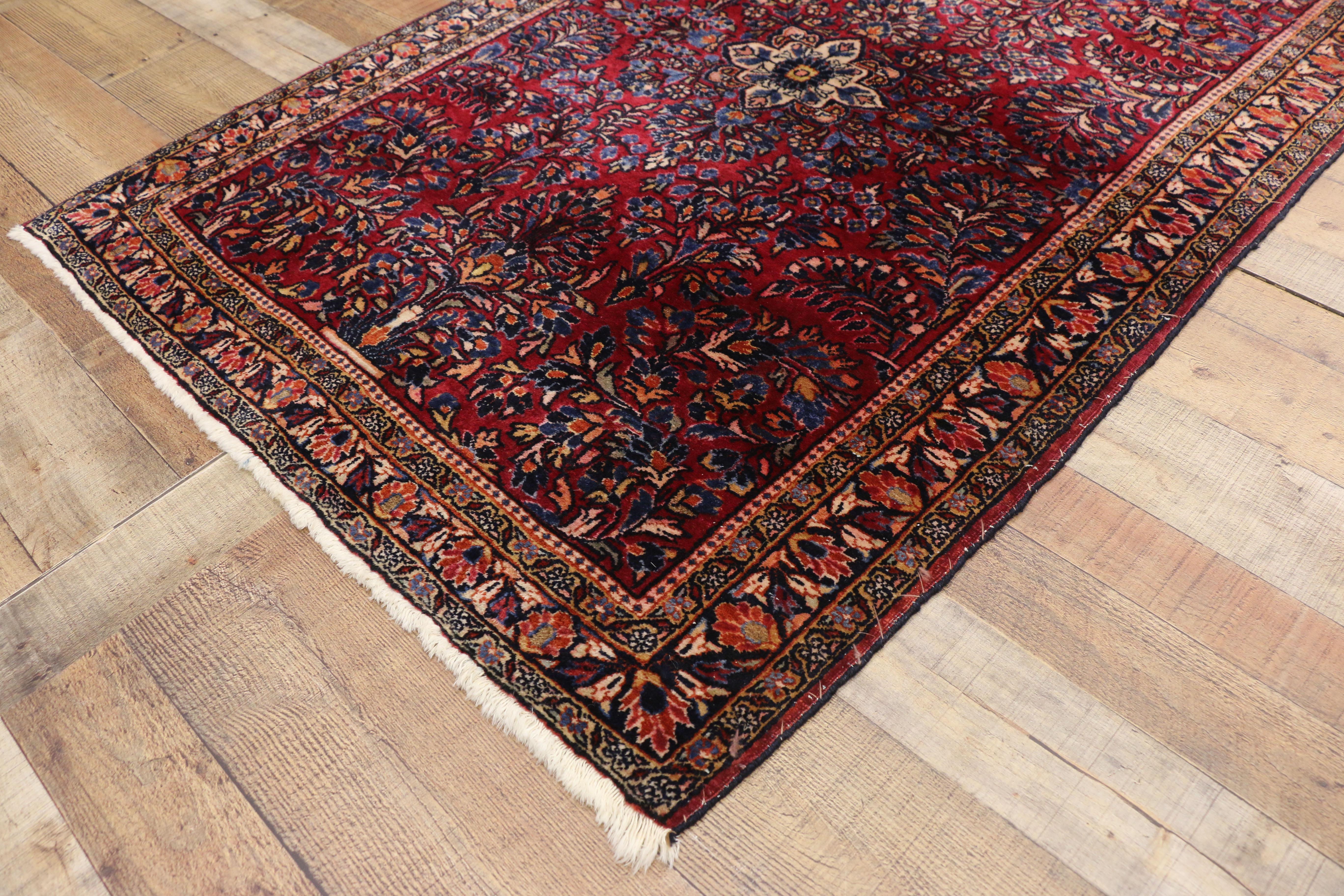 20th Century Antique Persian Sarouk Rug with Vase Design and Victorian Style, Scatter Rug For Sale