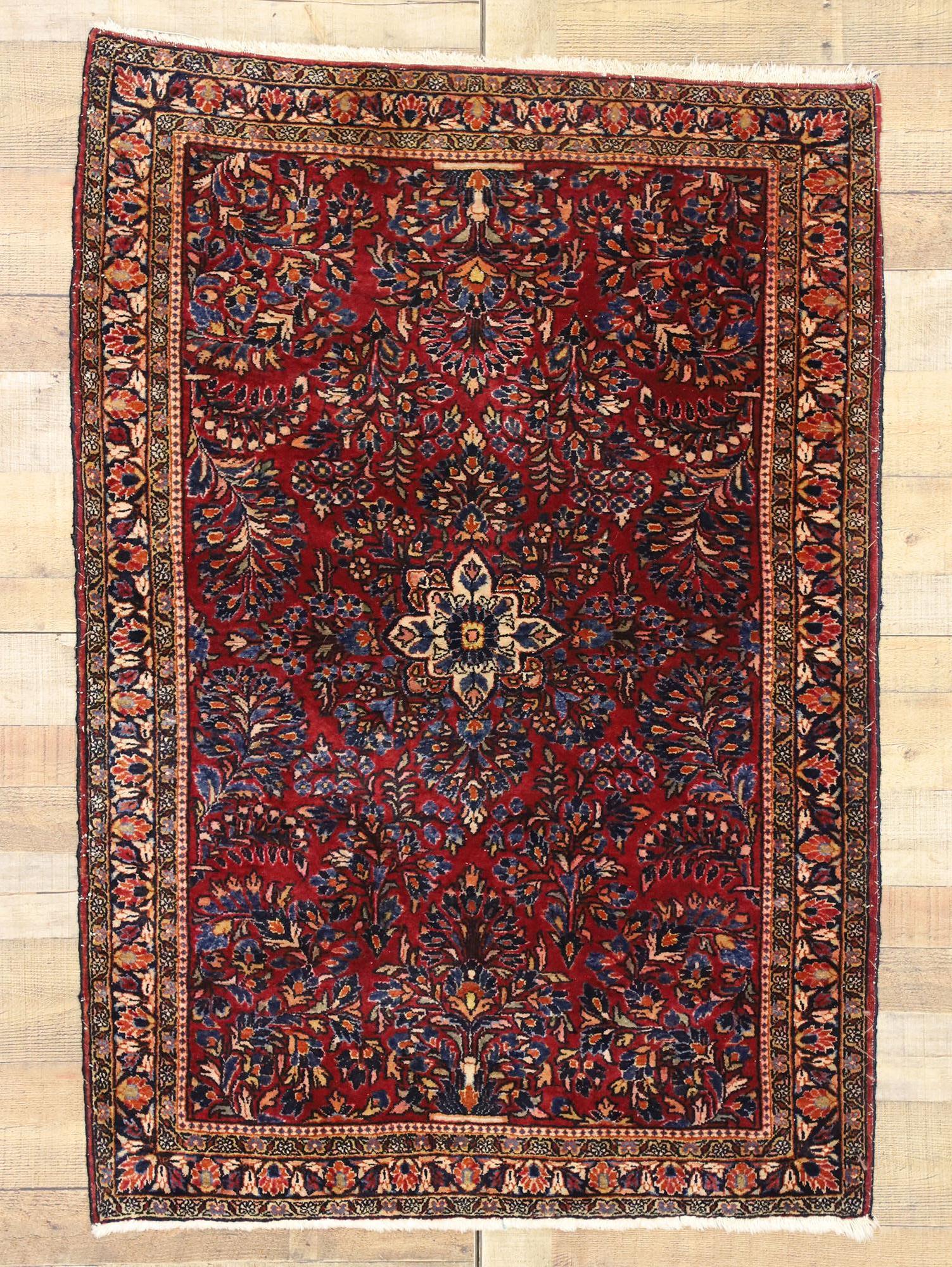 Antique Persian Sarouk Rug with Vase Design and Victorian Style, Scatter Rug For Sale 1