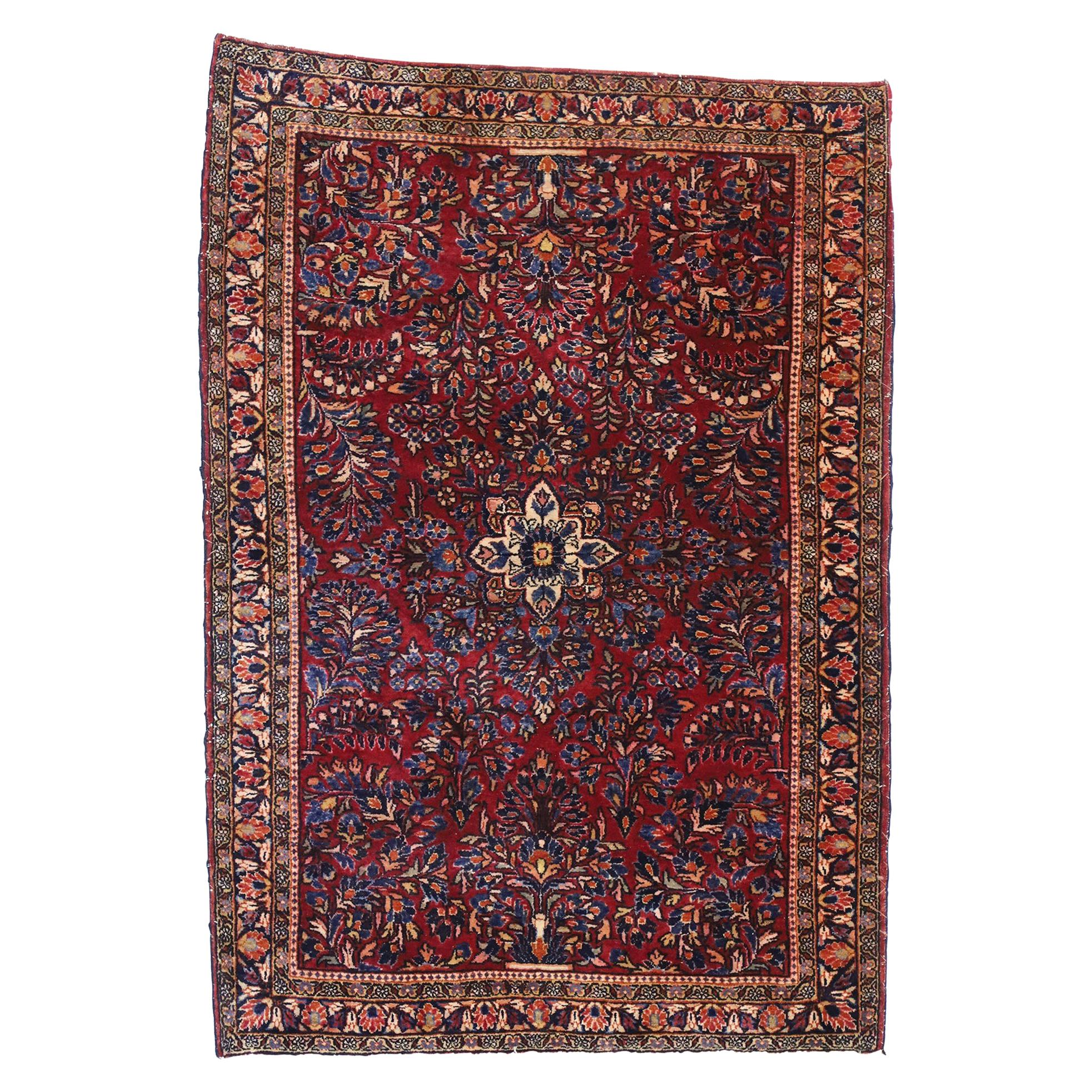 Antique Persian Sarouk Rug with Vase Design and Victorian Style, Scatter Rug For Sale