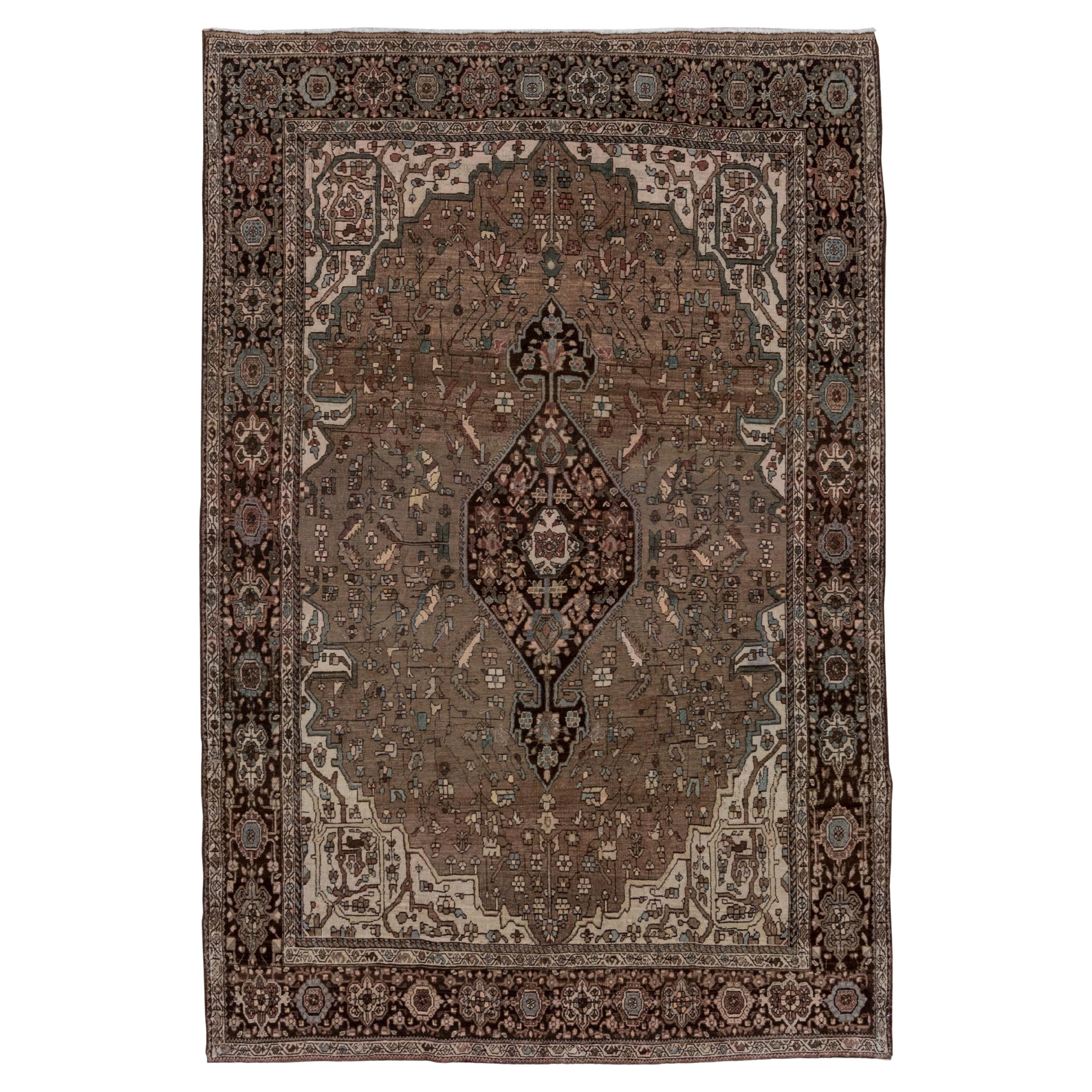 Antique Persian Sarouk Scatter Rug, Brown Field, Small Teal Accents