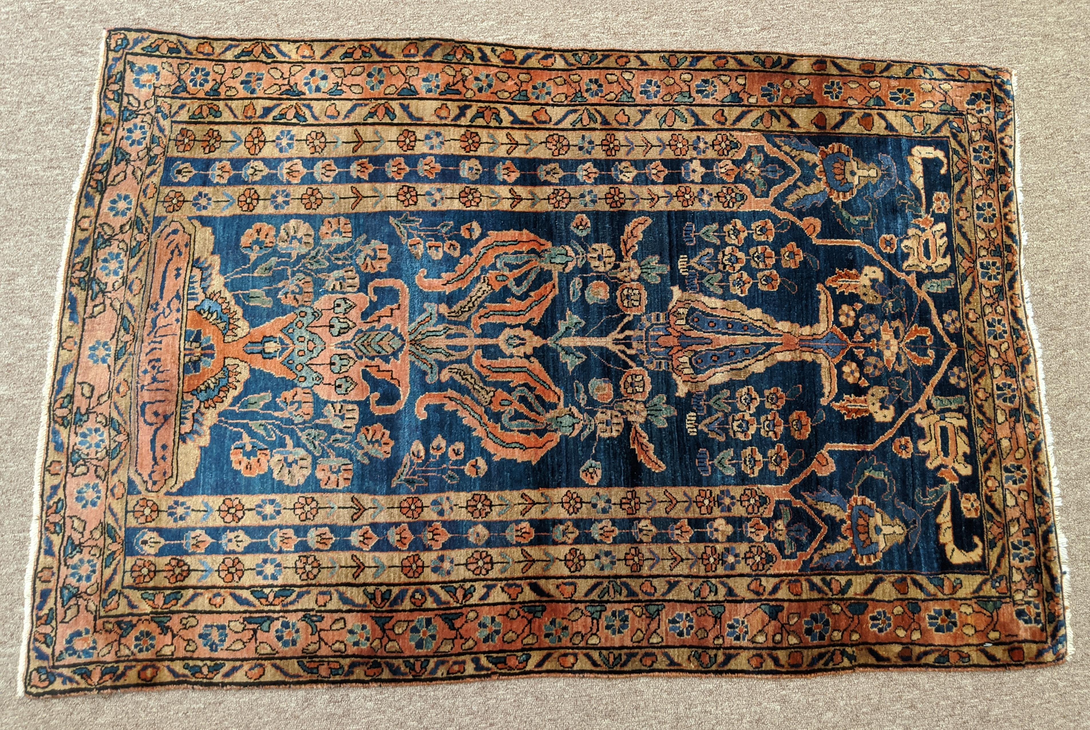 Sarouk Farahan Antique Persian Sarouk, silky wool All-Over Design on Blue Field, Wool, 3x5 1915 For Sale
