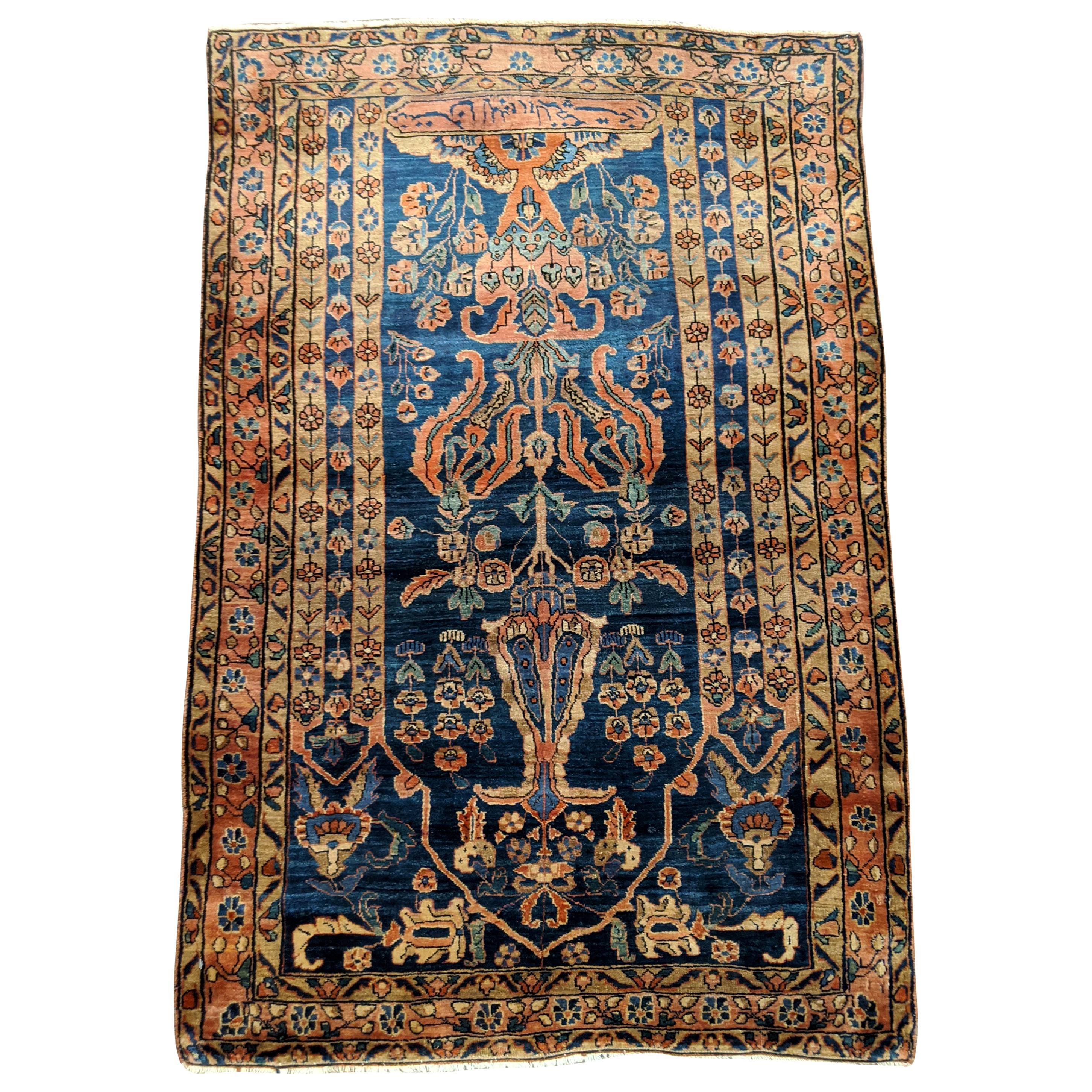 Antique Persian Sarouk, silky wool All-Over Design on Blue Field, Wool, 3x5 1915 For Sale