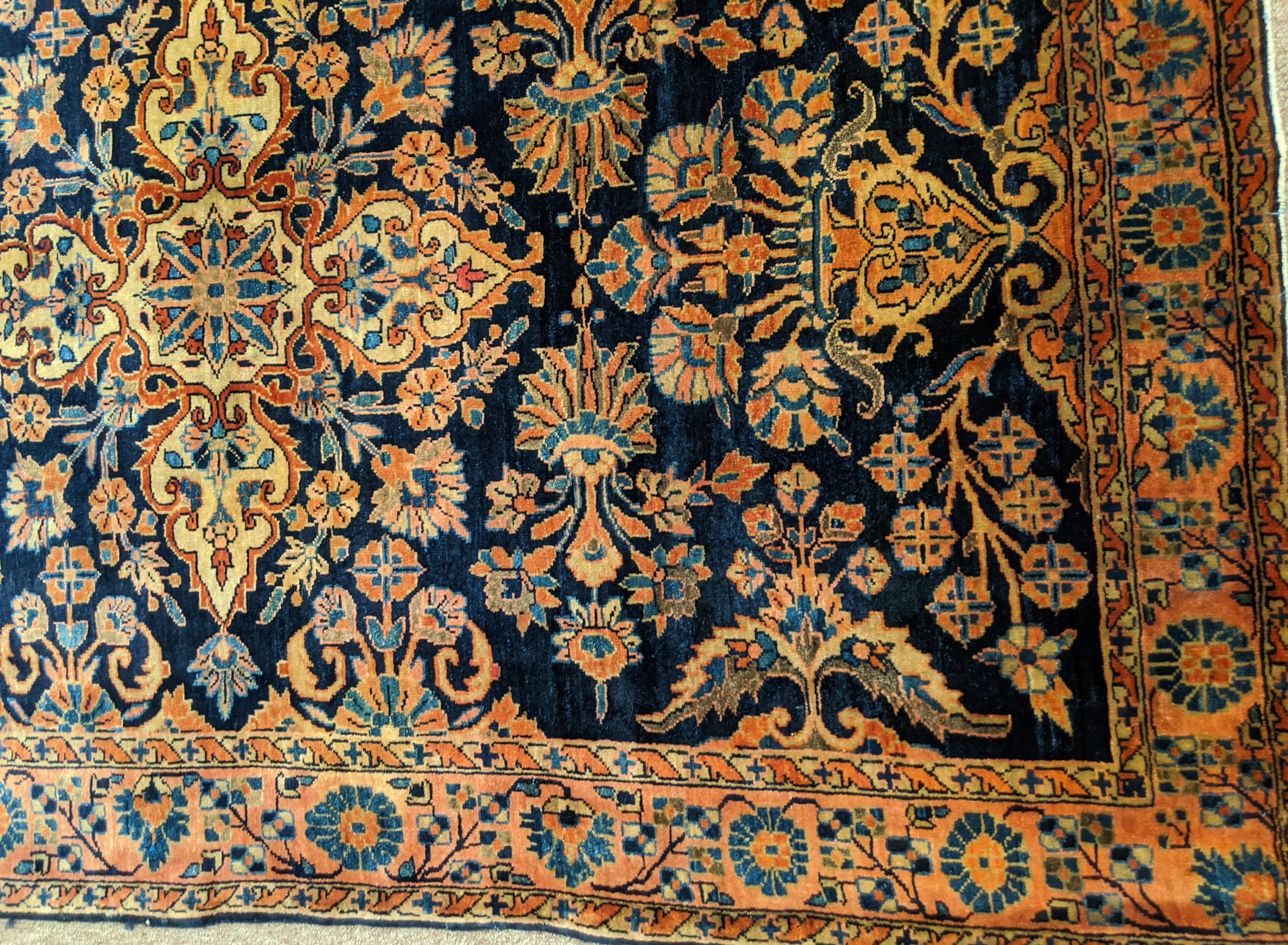 Woven Antique Persian Sarouk, silky wool All-Over Design on Navy Field, Wool, 3x5 1915 For Sale