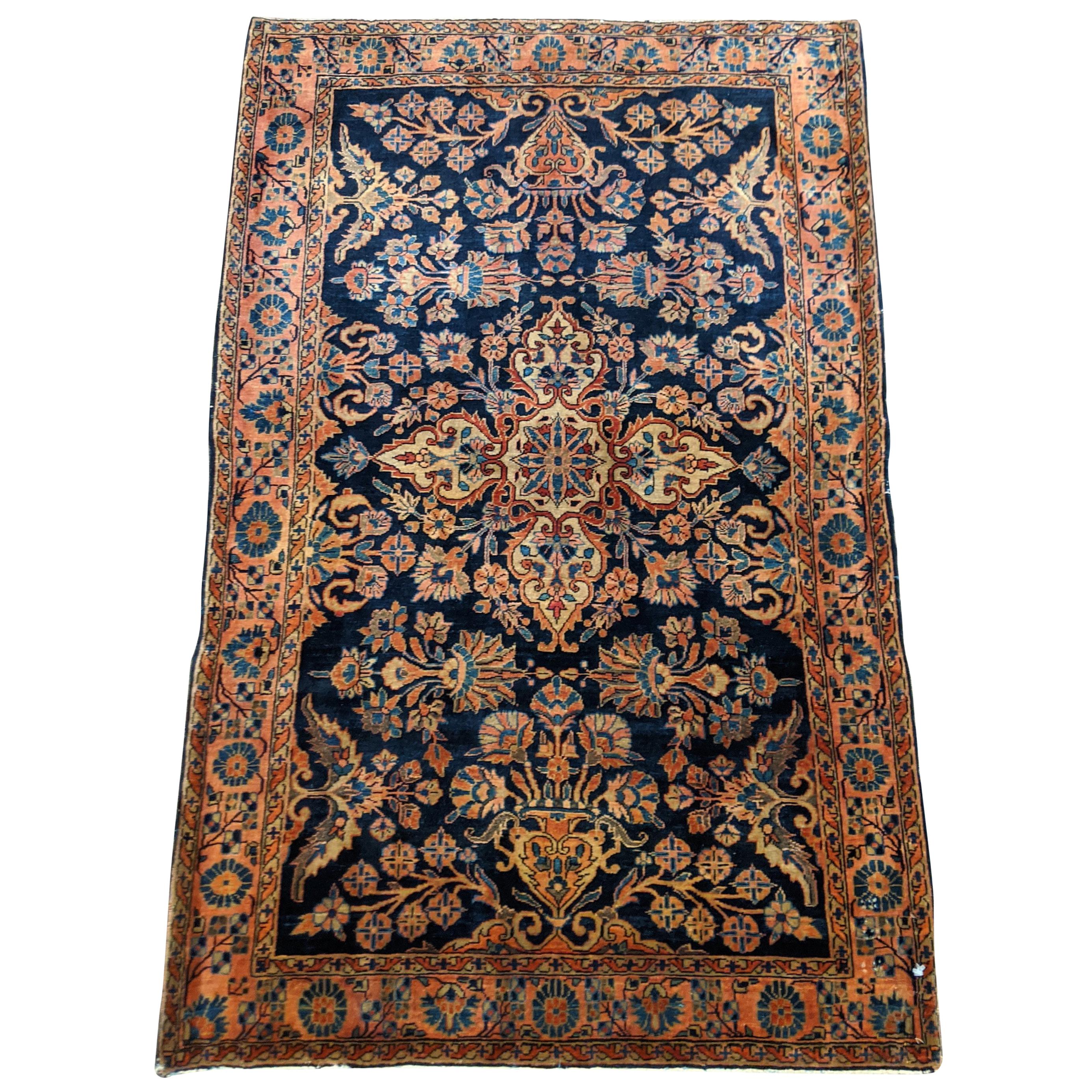 Antique Persian Sarouk, silky wool All-Over Design on Navy Field, Wool, 3x5 1915 For Sale