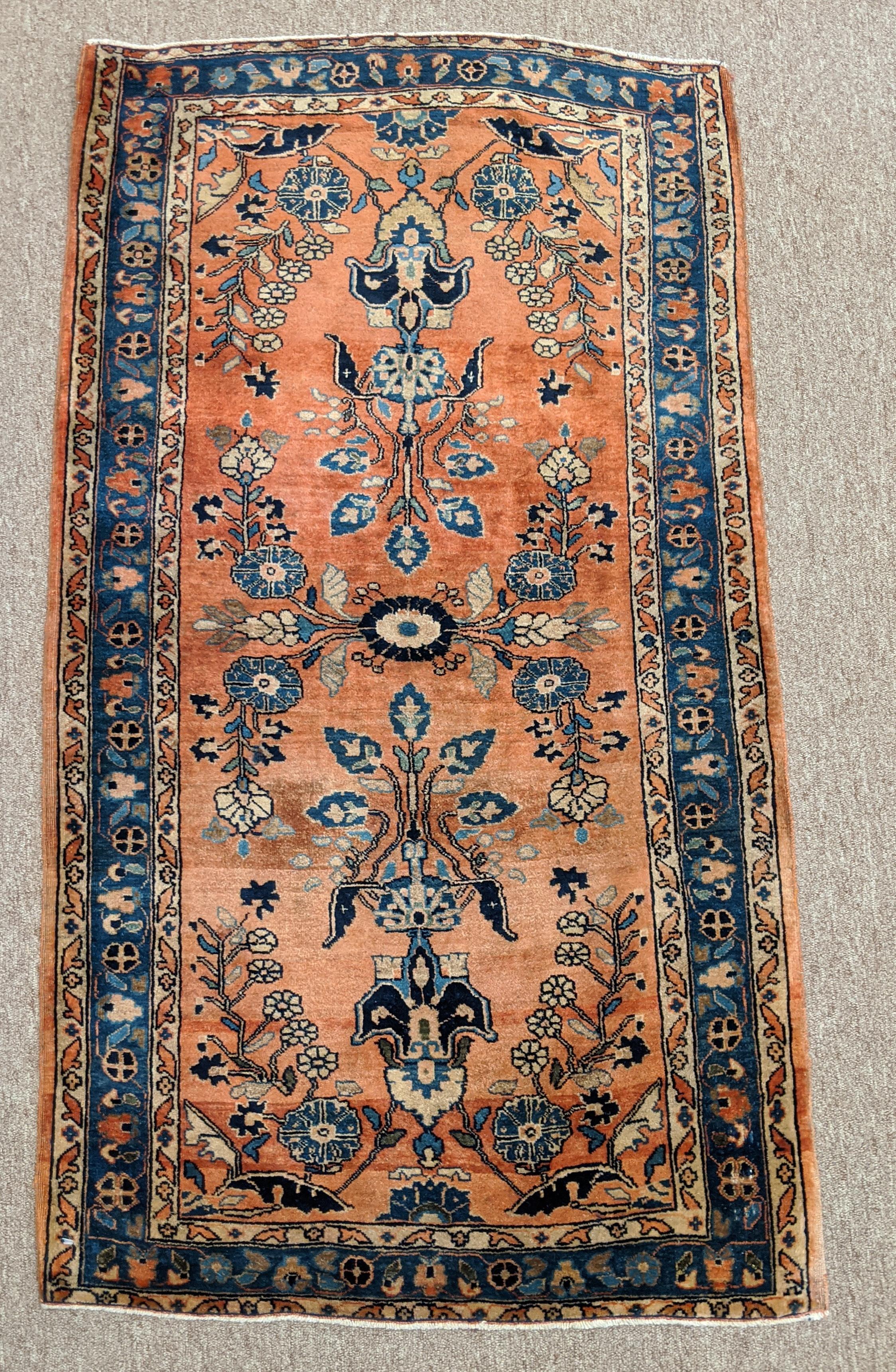 Woven Antique Persian Sarouk, silky wool All-Over Design on Rust Field, Wool, 3x5 1915 For Sale