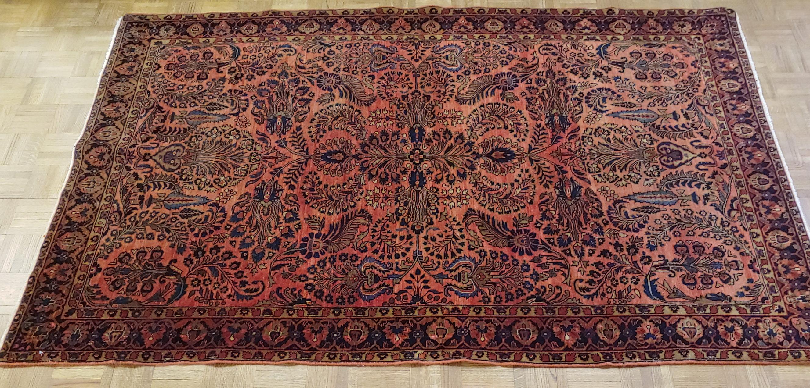 Woven Antique Persian Sarouk, silky wool All-Over Design on Rust Field, Wool, 4x6 1915 For Sale