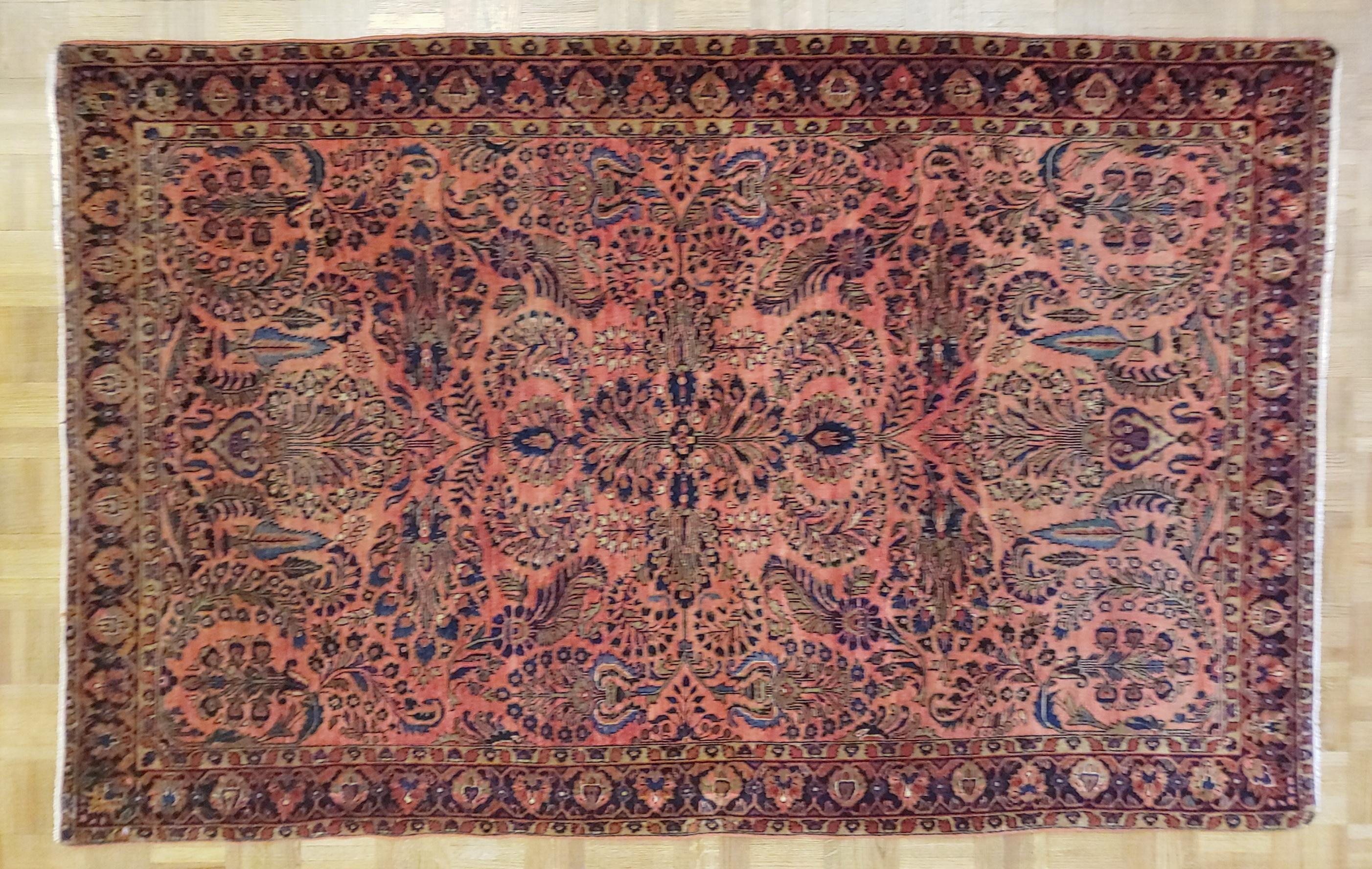 Antique Persian Sarouk, silky wool All-Over Design on Rust Field, Wool, 4x6 1915 In Good Condition For Sale In Williamsburg, VA