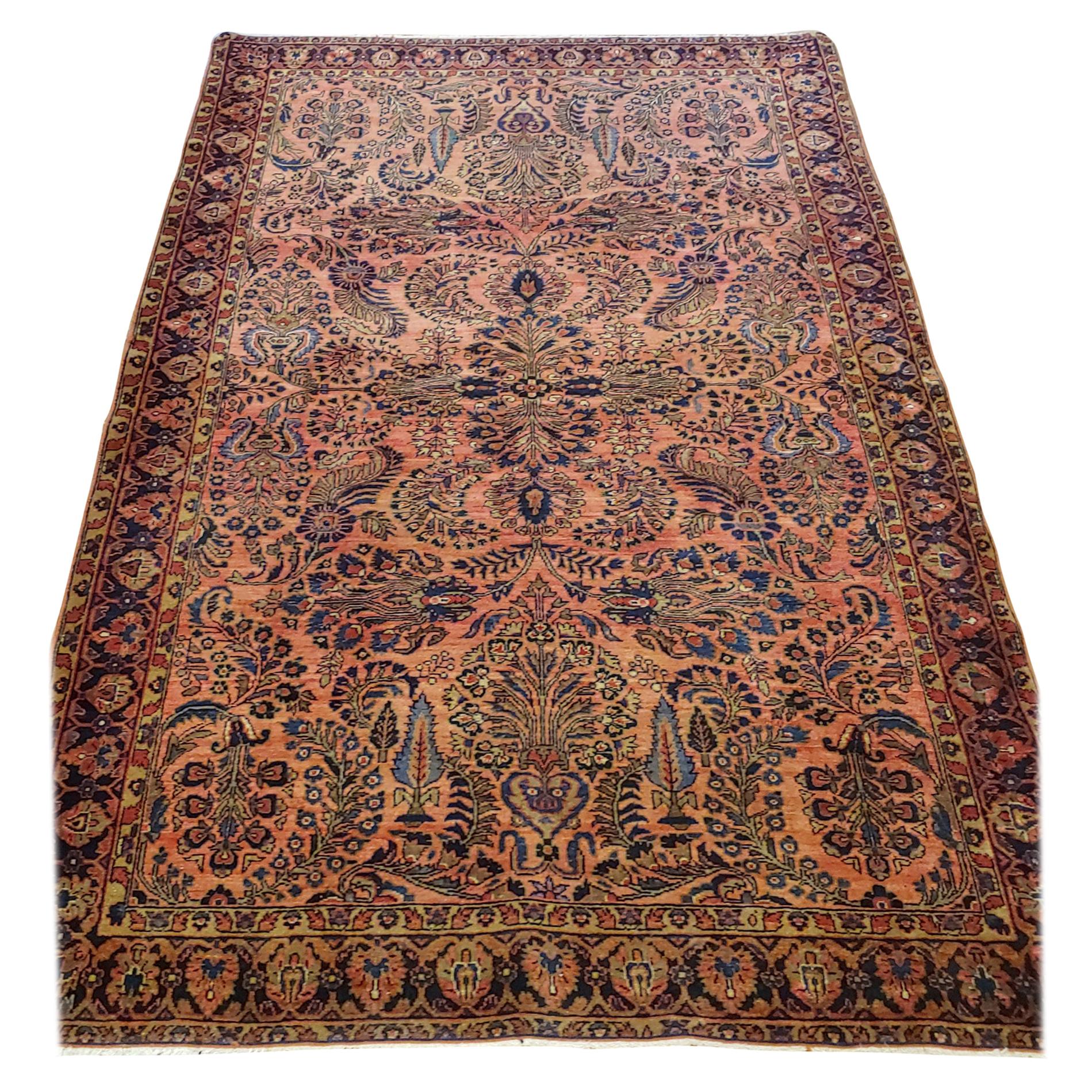 Antique Persian Sarouk, silky wool All-Over Design on Rust Field, Wool, 4x6 1915 For Sale