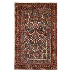 Antique Persian Sarouk Wool 4x7 Ivory, Red & Blue Handmade Area Rug