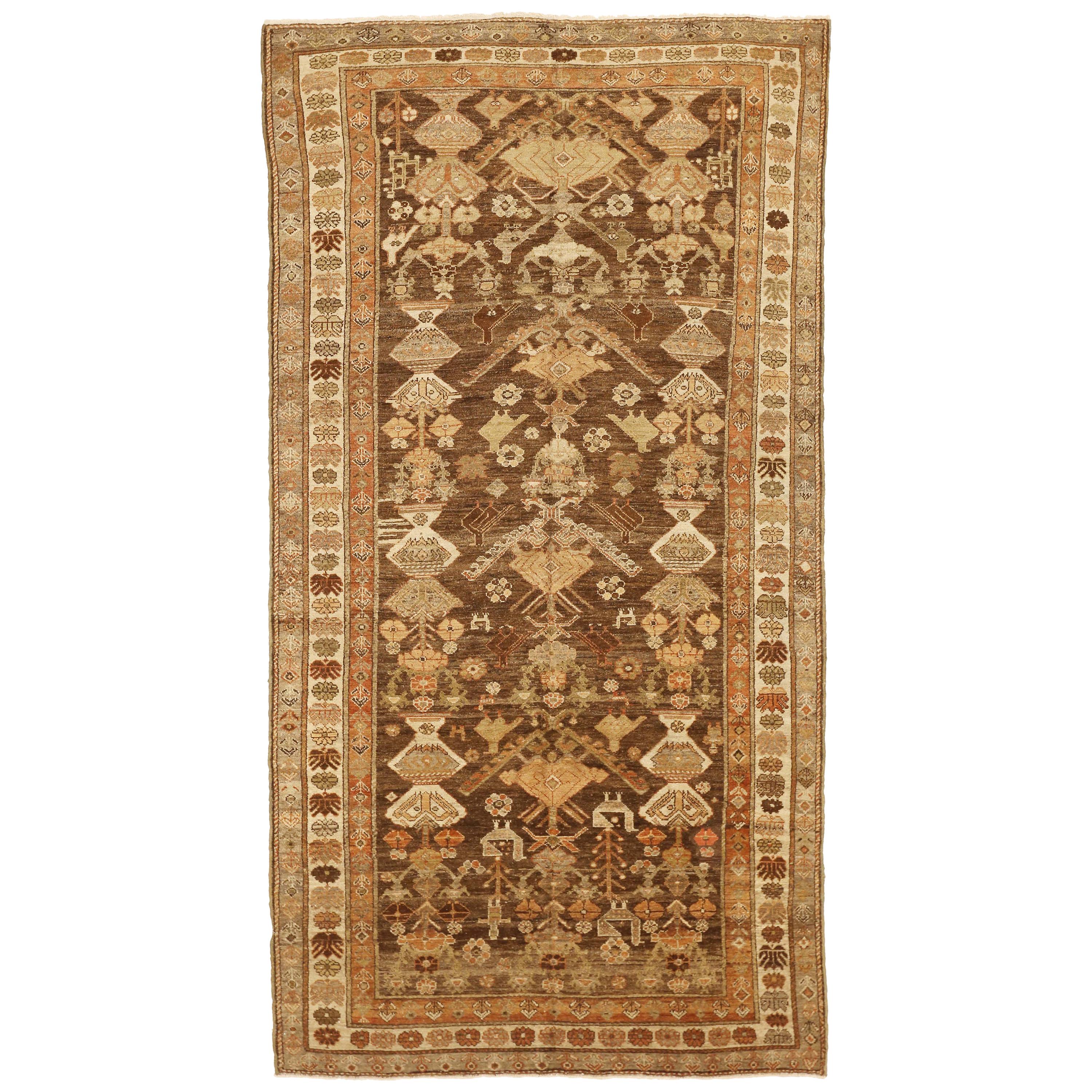 Antique Persian Saveh Rug with Brown and Ivory Floral Patterns