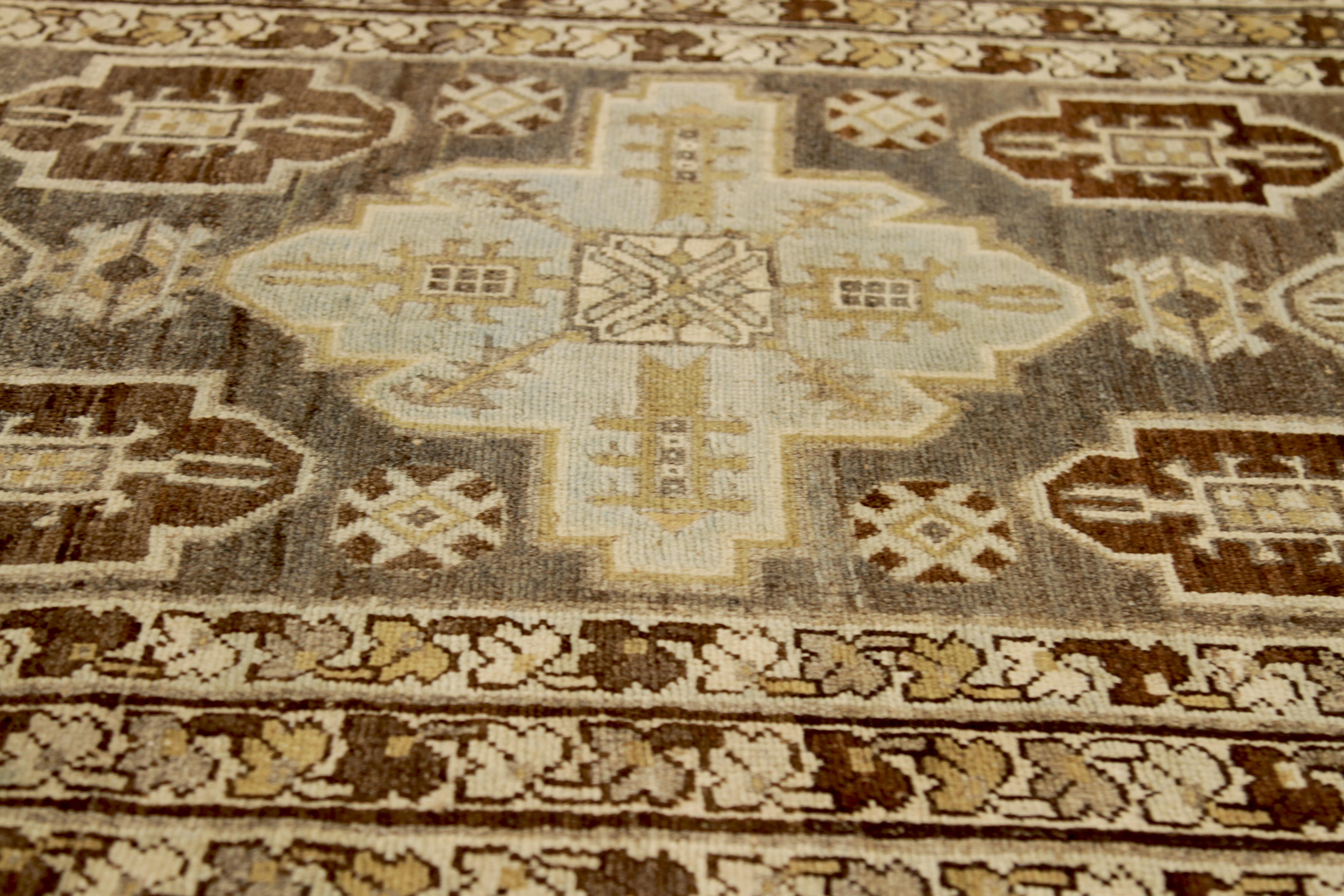 Hand-Woven Antique Persian Saveh Runner Rug with Geometric & Tribal Design on a Brown Field For Sale