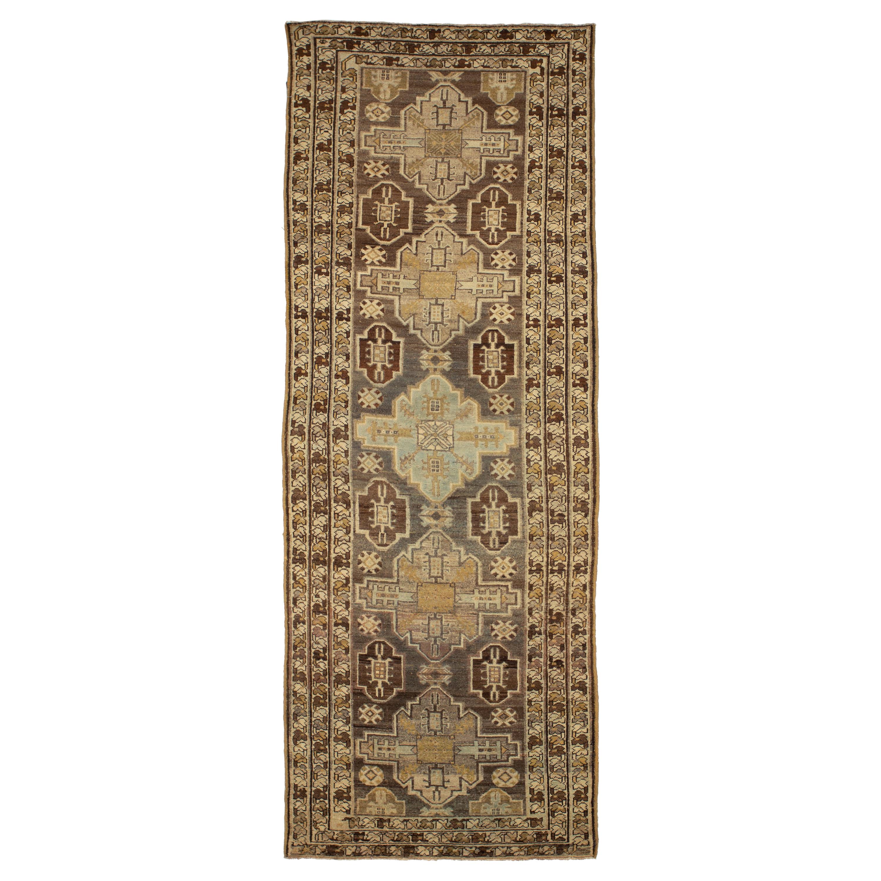 Antique Persian Saveh Runner Rug with Geometric & Tribal Design on a Brown Field For Sale