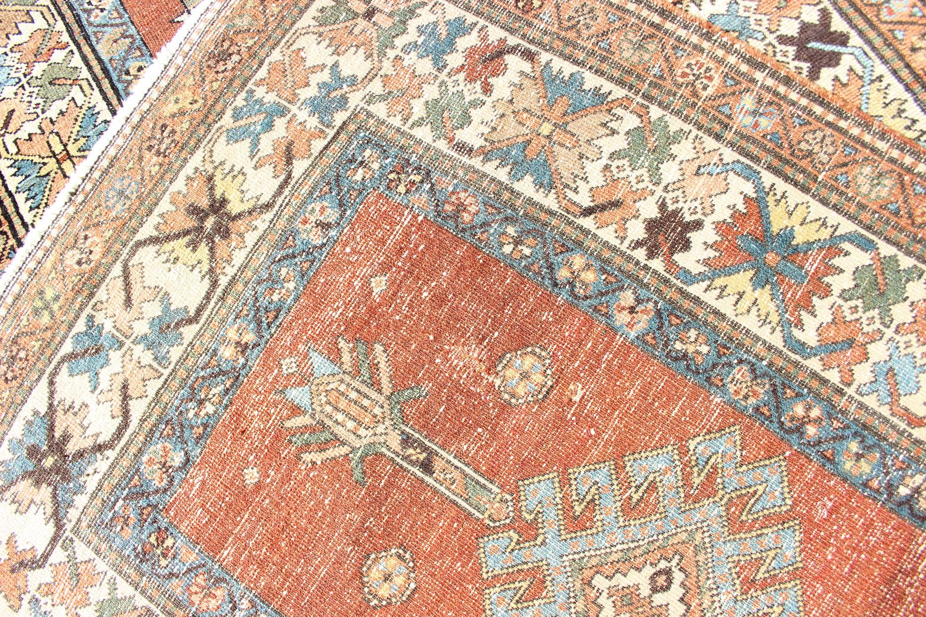 Antique Persian Searpi Runner with Geometric Medallions in Orange, Blue, Ivory For Sale 8