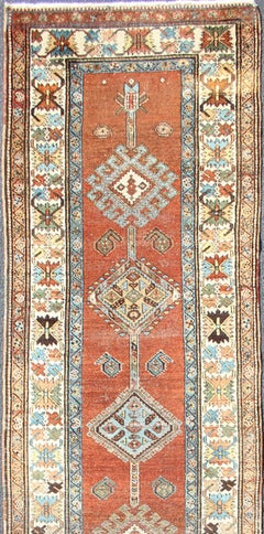 Antique Persian Searpi Runner with Geometric Medallions in Orange, Blue, Ivory