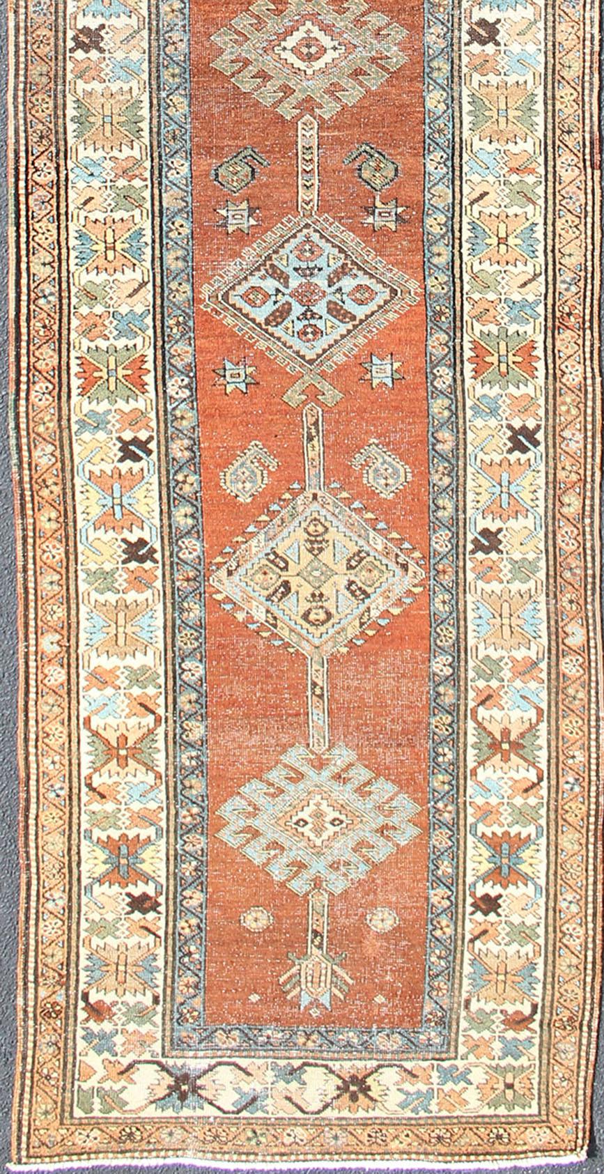 Hand-Knotted Antique Persian Searpi Runner with Geometric Medallions in Orange, Blue, Ivory For Sale