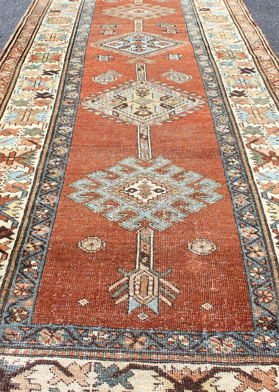 Antique Persian Searpi Runner with Geometric Medallions in Orange, Blue, Ivory For Sale 1