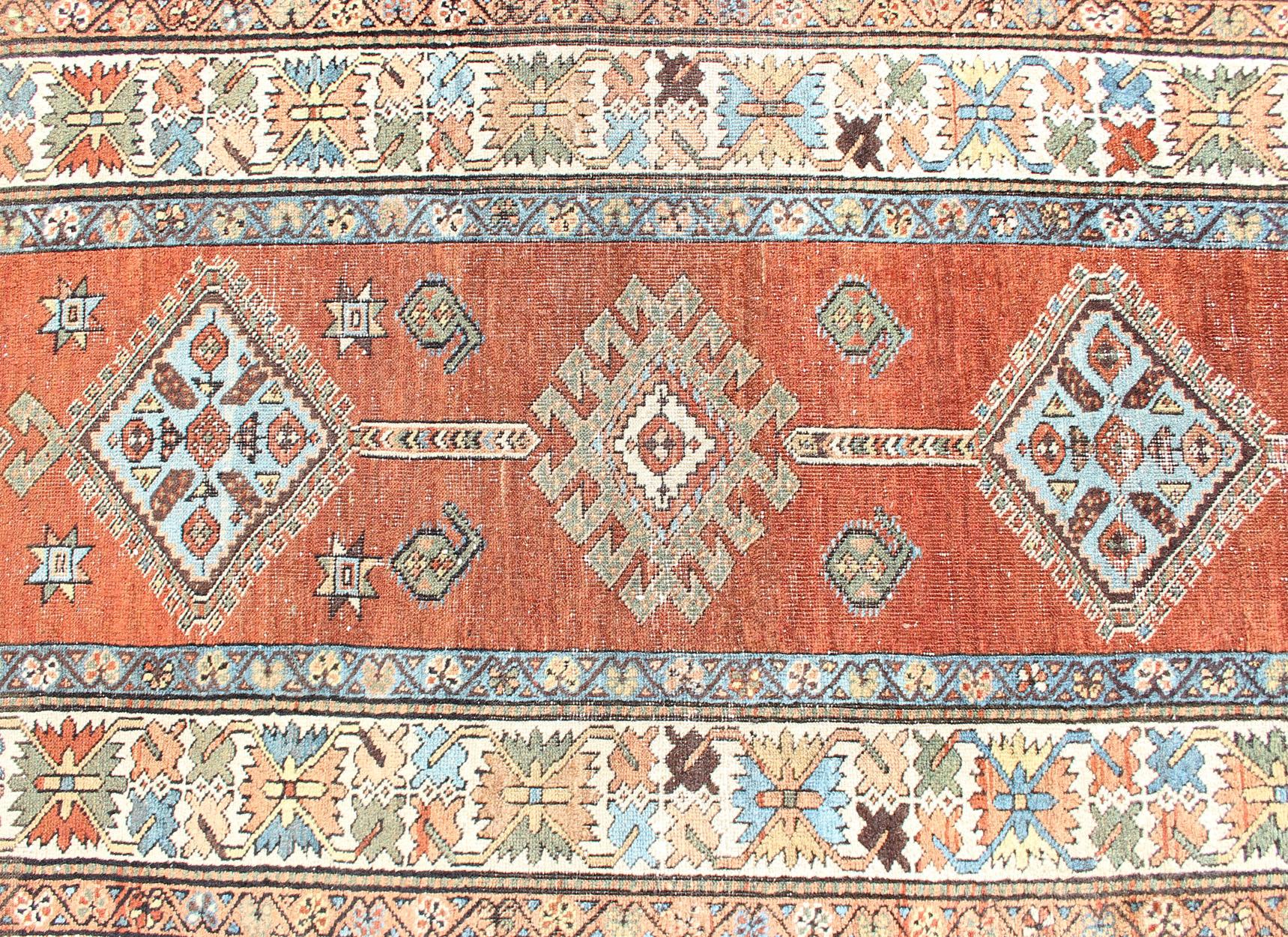Antique Persian Searpi Runner with Geometric Medallions in Orange, Blue, Ivory For Sale 2