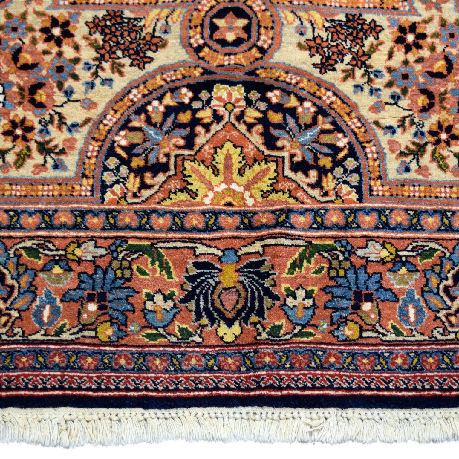 Mid-20th Century Antique 1930s Wool Persian Semnan Rug in Cream, Black, and Pink, 5' x 7' For Sale