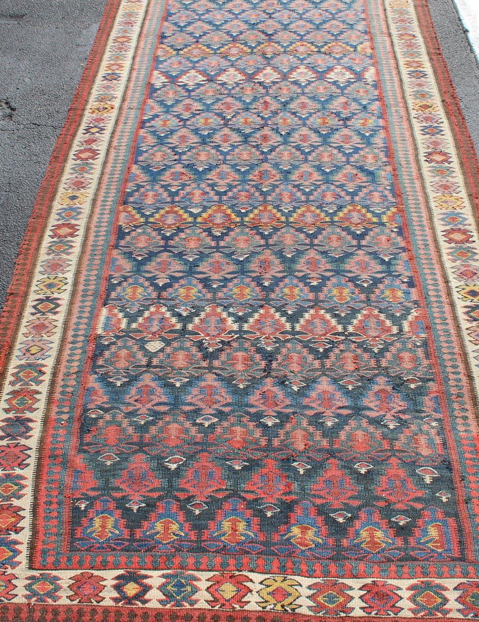 Antique Persian Seneh Kilim Gallery Runner with Geometric and Floral Design For Sale 3