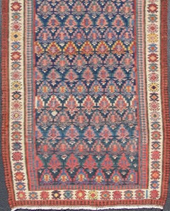 Antique Persian Seneh Kilim Gallery Rug with Geometric and Floral Design