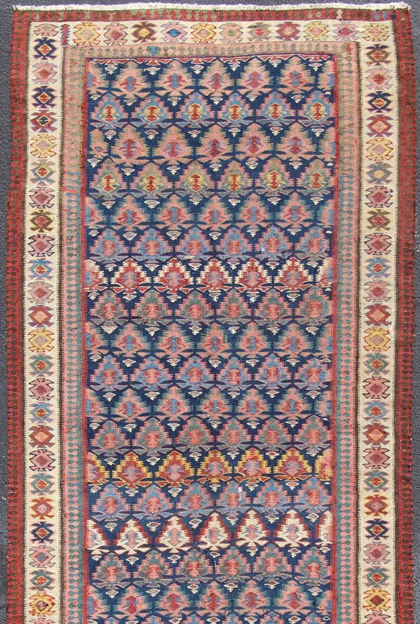 Hand-Knotted Antique Persian Seneh Kilim Gallery Runner with Geometric and Floral Design For Sale
