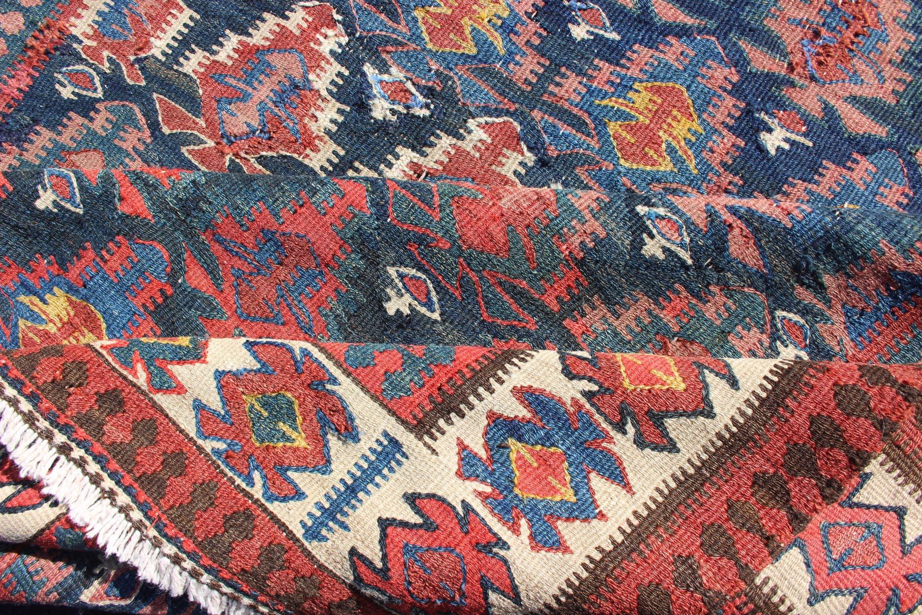 Antique Persian Seneh Kilim Gallery Runner with Geometric and Floral Design In Good Condition For Sale In Atlanta, GA