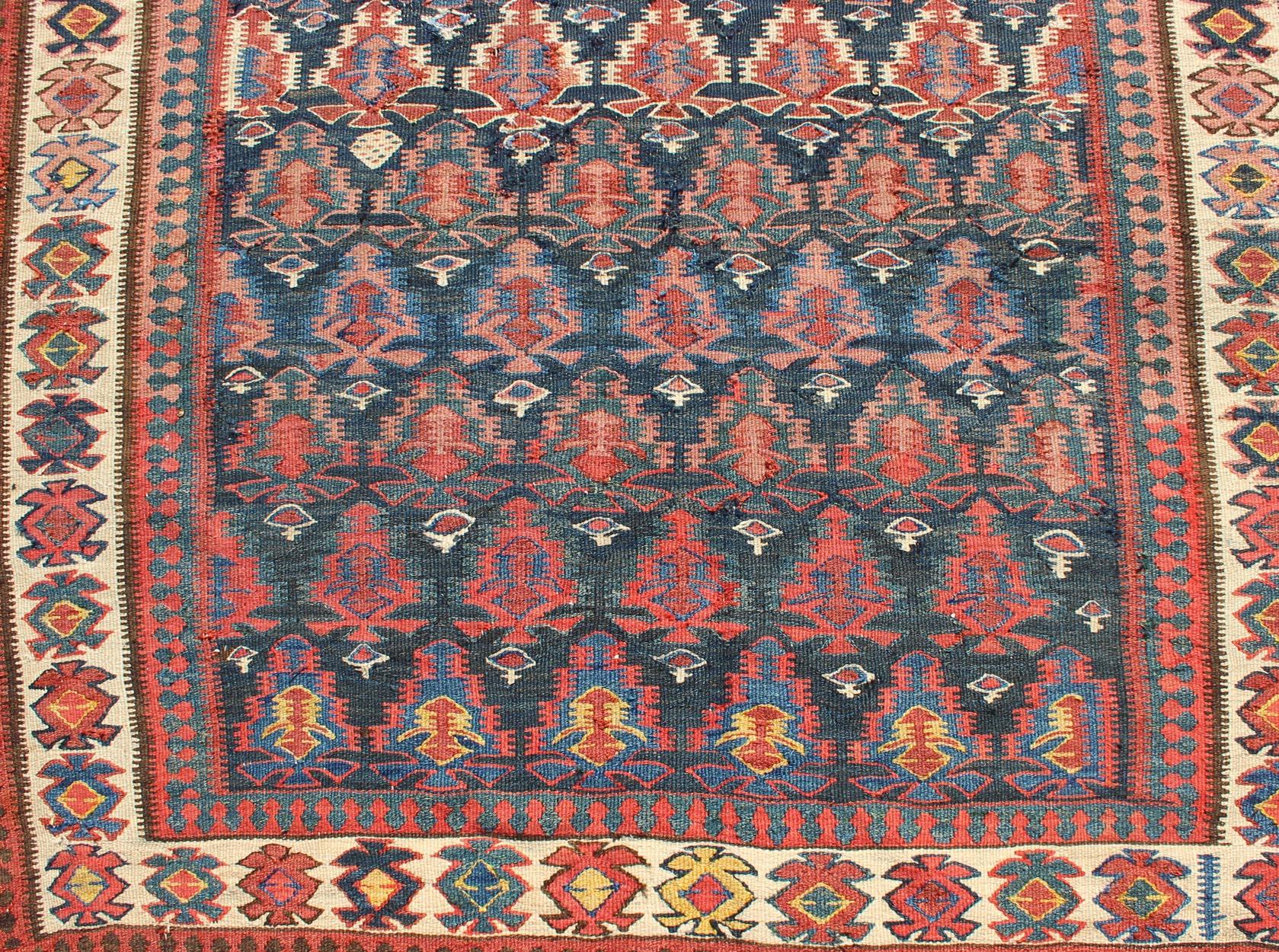 Antique Persian Seneh Kilim Gallery Runner with Geometric and Floral Design For Sale 1