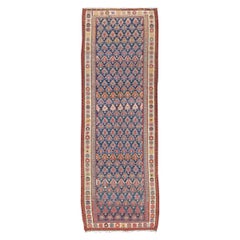 Antique Persian Seneh Kilim Gallery Runner with Geometric and Floral Design