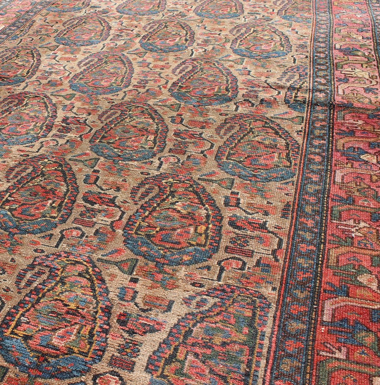 Wool Antique Persian Seneh Malayer Rug with Large Paisley Field For Sale
