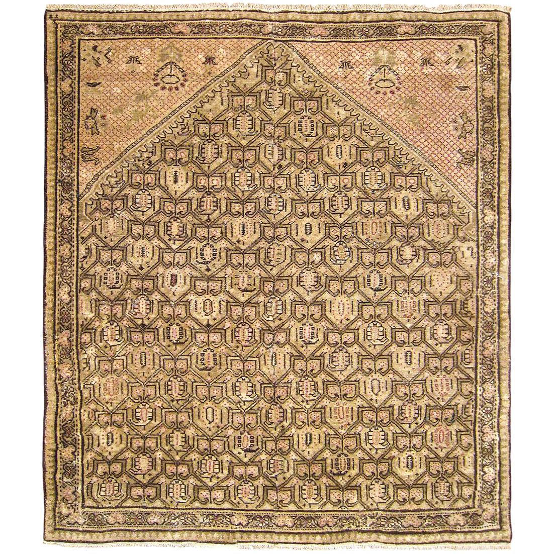 Antique Persian Seneh Oriental Rug, in Small Square Size, with Soft Earth Tones