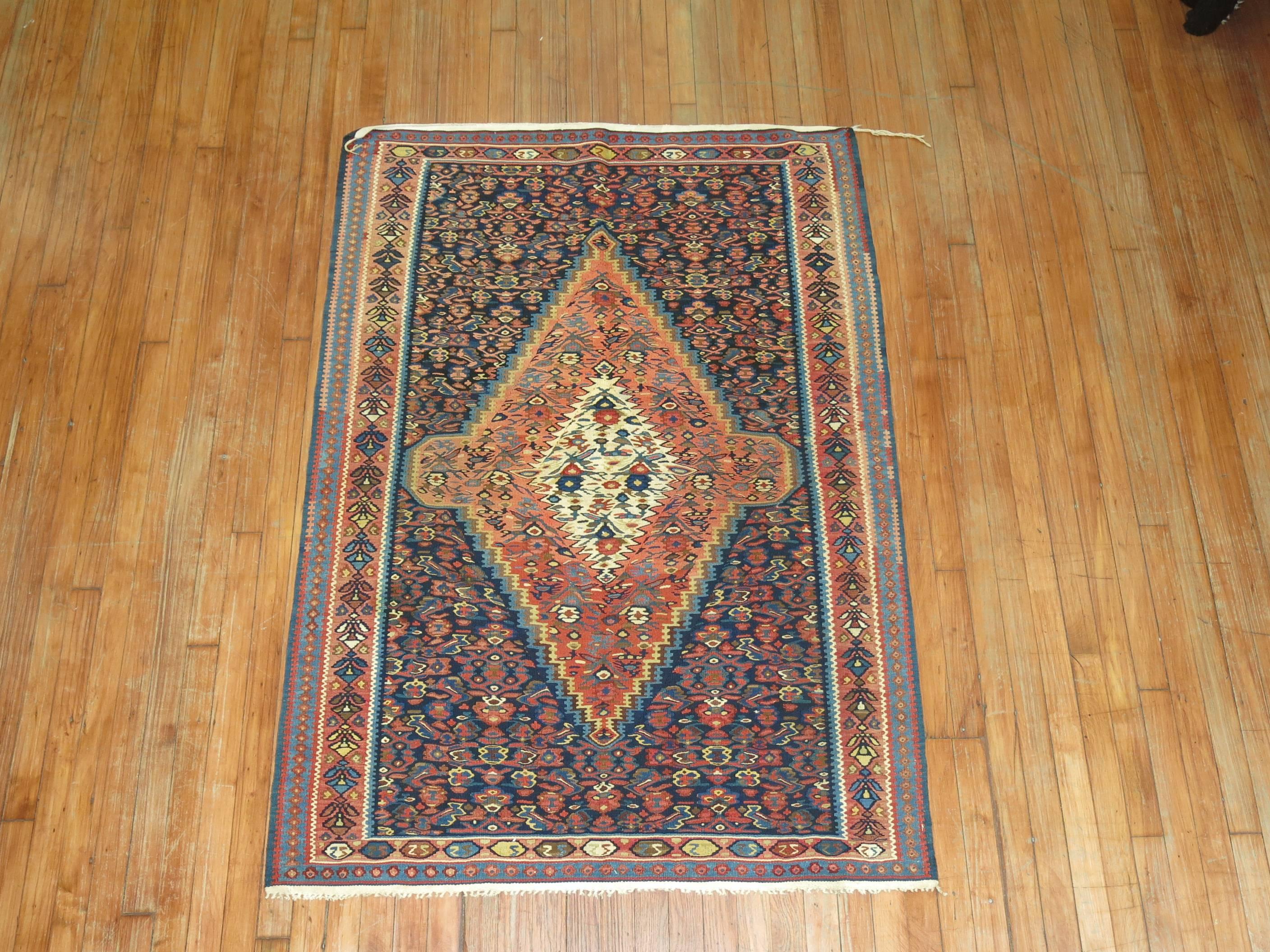 Tribal Antique Persian Senneh Kilim Flat-Weave Rug For Sale