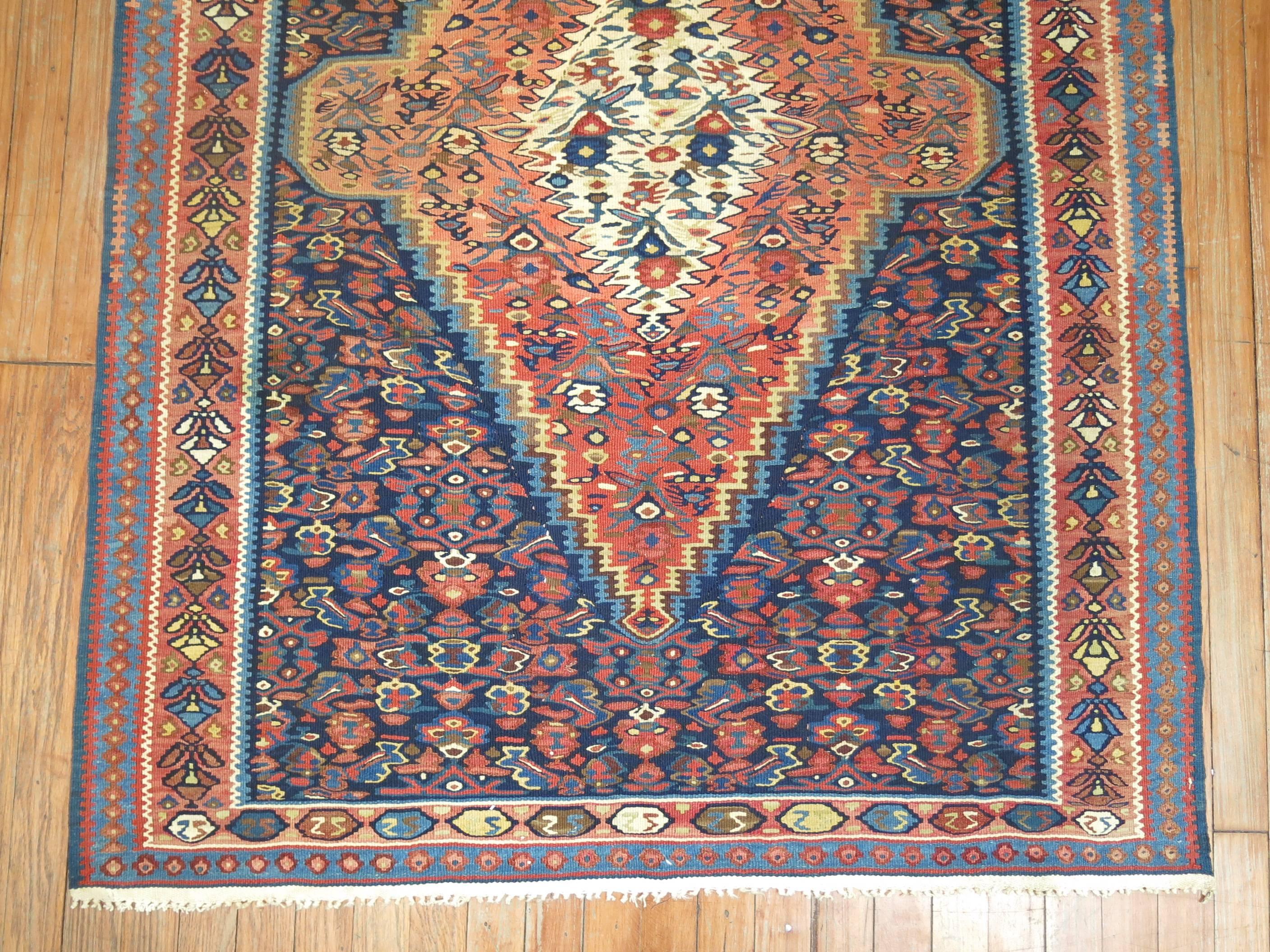 Hand-Woven Antique Persian Senneh Kilim Flat-Weave Rug For Sale