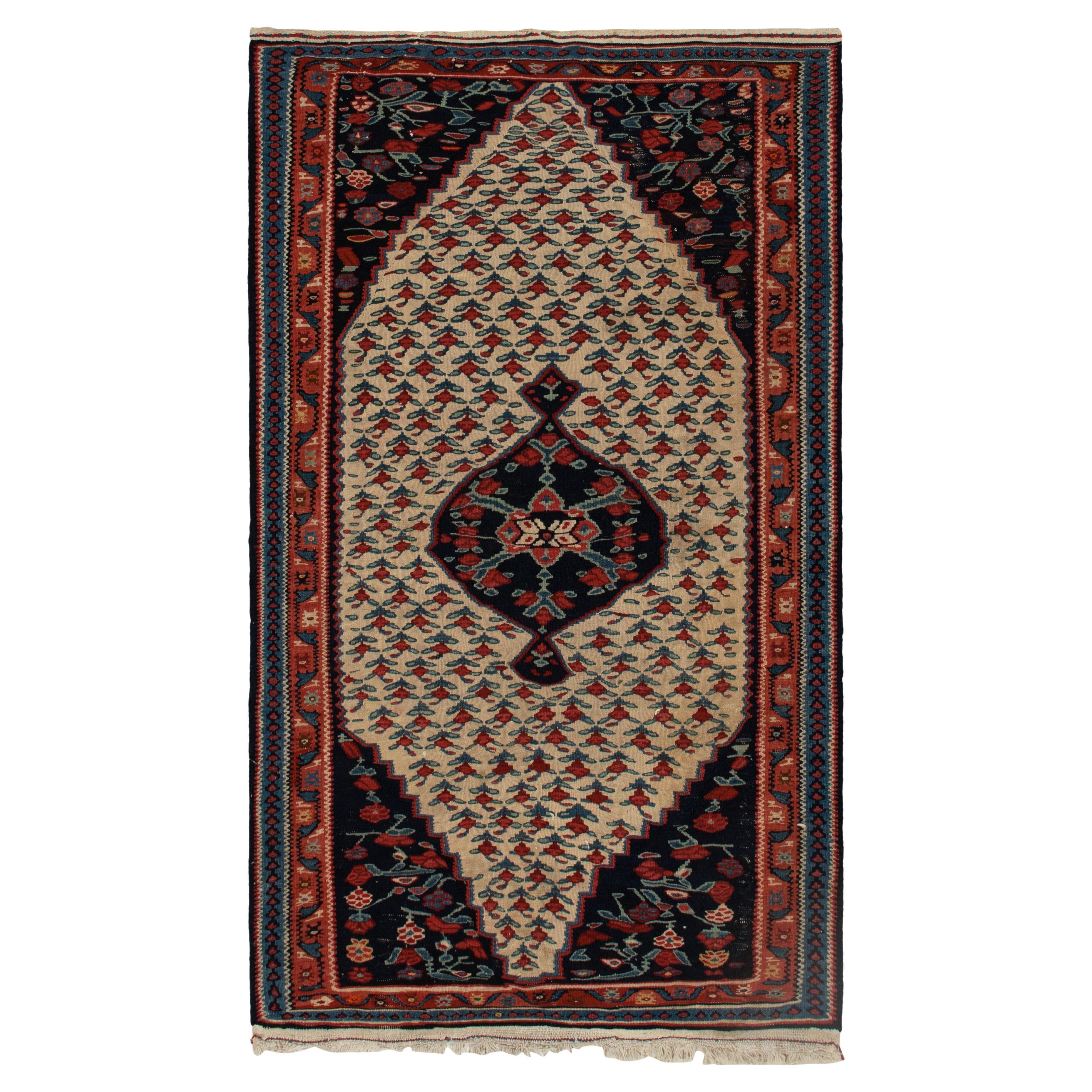 Antique Persian Senneh Kilim in Beige with Red Floral Patterns by Rug & Kilim For Sale