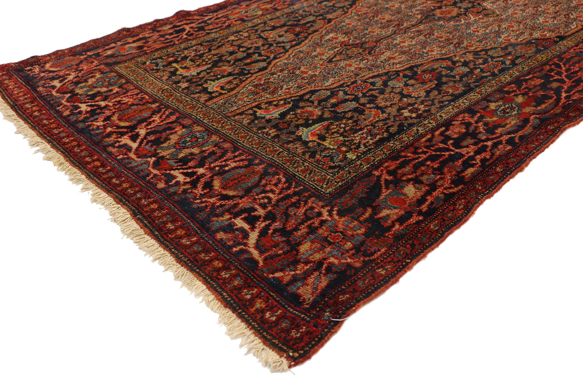 77398, antique Persian Senneh long hallway runner with Modern Victorian. With its well-balanced symmetry and refined color palette, this hand knotted wool antique Persian Senneh runner would bring a sense of nostalgic charm to nearly any space. It
