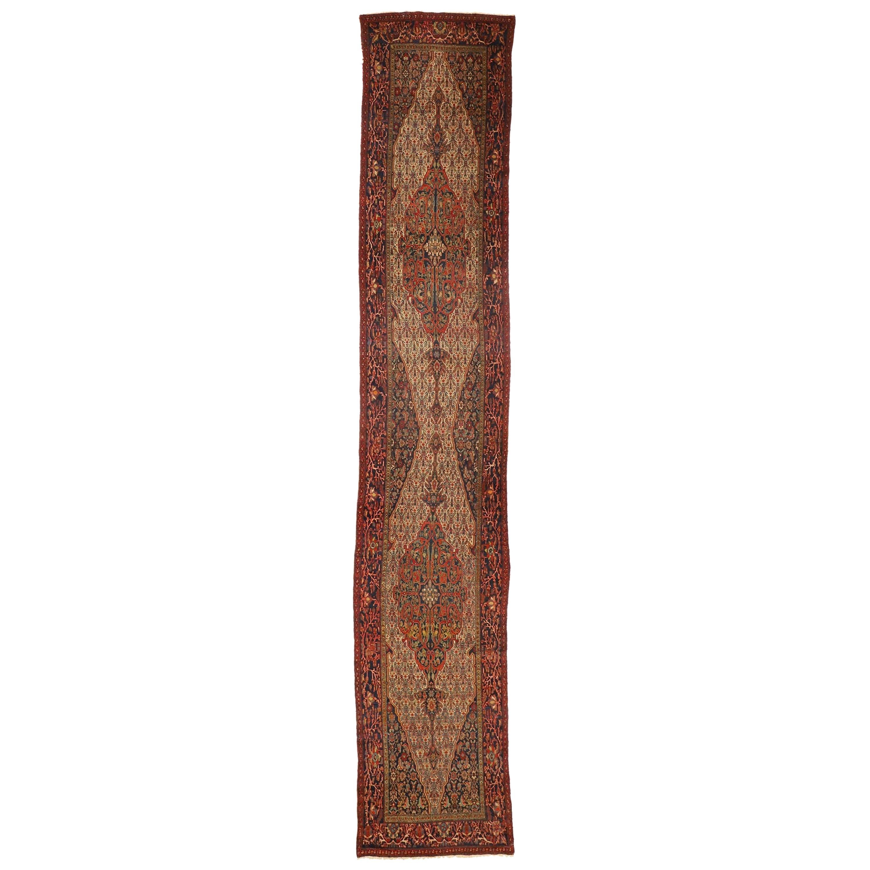 Antique Persian Senneh Long Hallway Runner with Modern Victorian Style