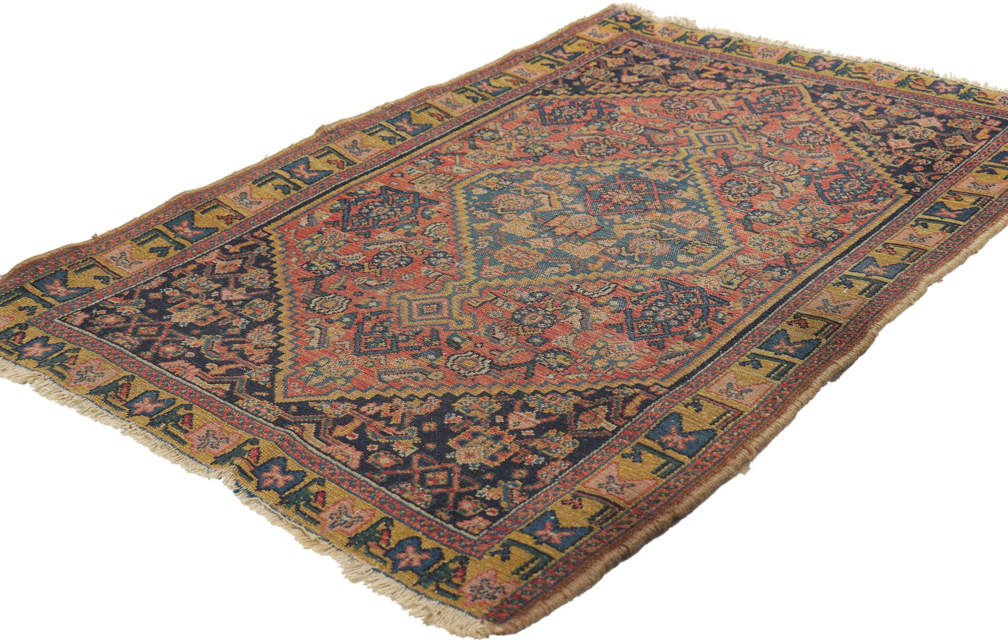 78417 antique Persian Senneh rug, 01'11 x 03'00. With its nomadic charm, incredible detail and texture, this hand-knotted wool antique Persian Senneh rug is a captivating vision of woven beauty. The eye-catching Herati pattern and timeless color