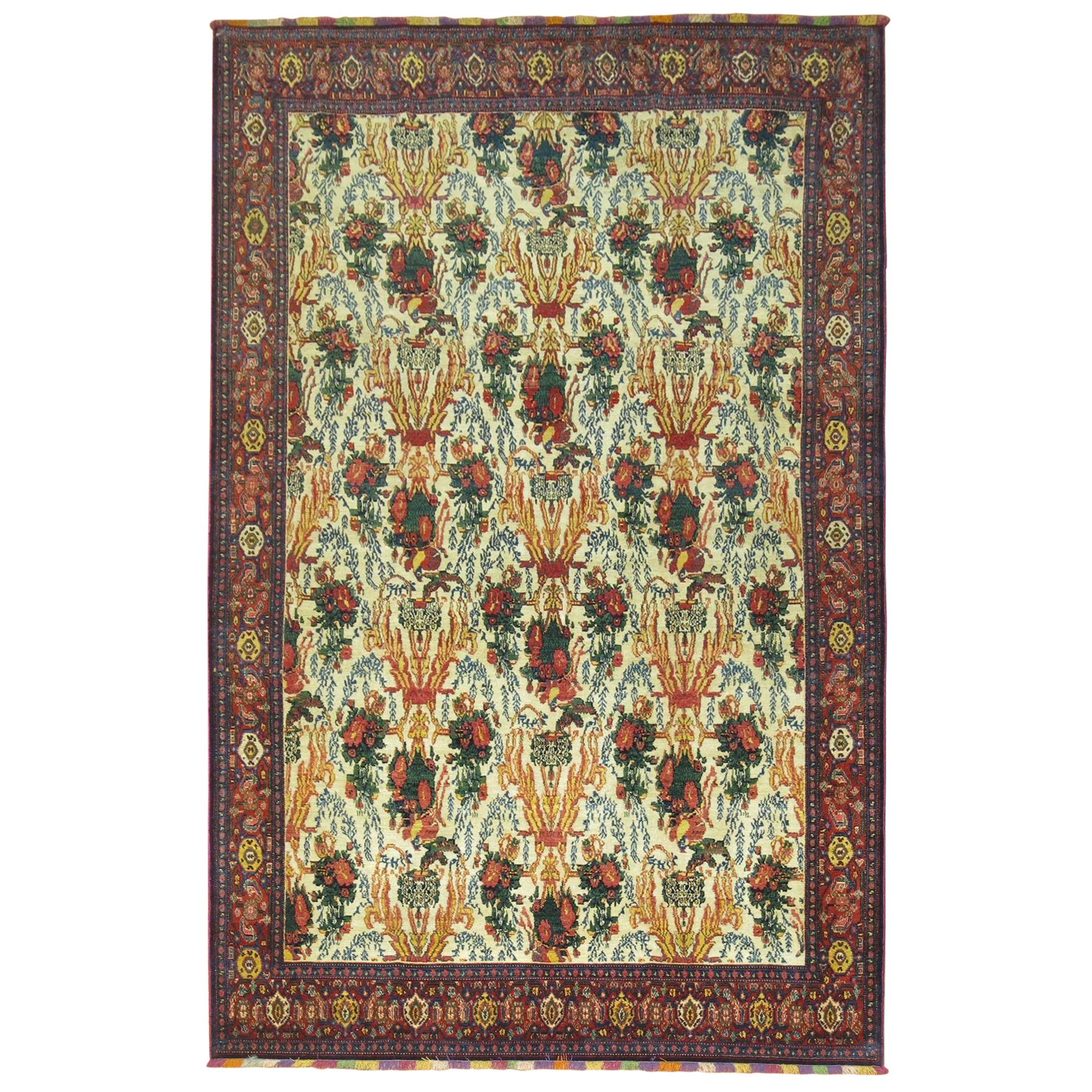 Antique Persian Senneh Rug with Silk Highlights and Fringes For Sale